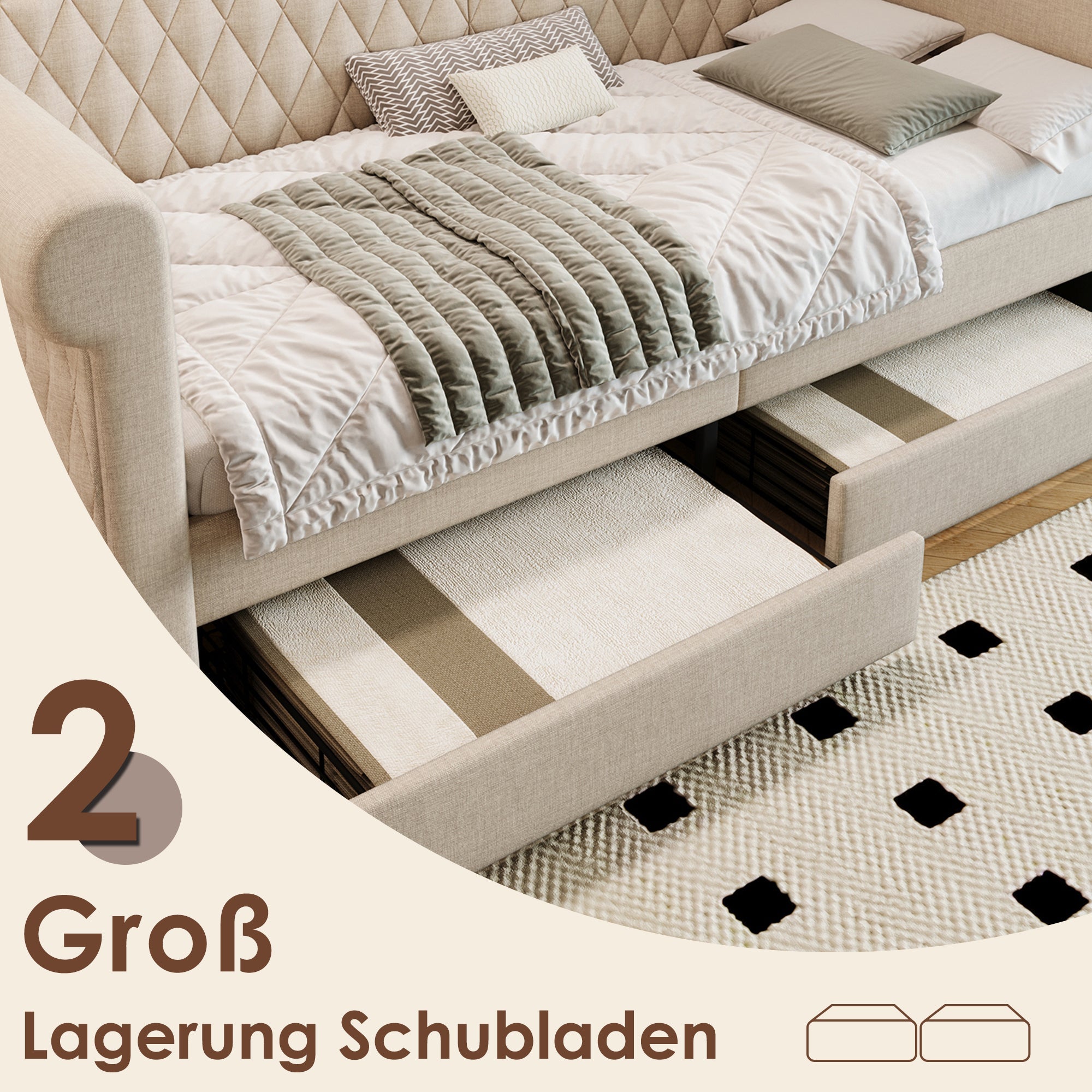 Logidon Vintage Upholstered Bed 90x200 Beige Linen Sofa Bed With Storage Space