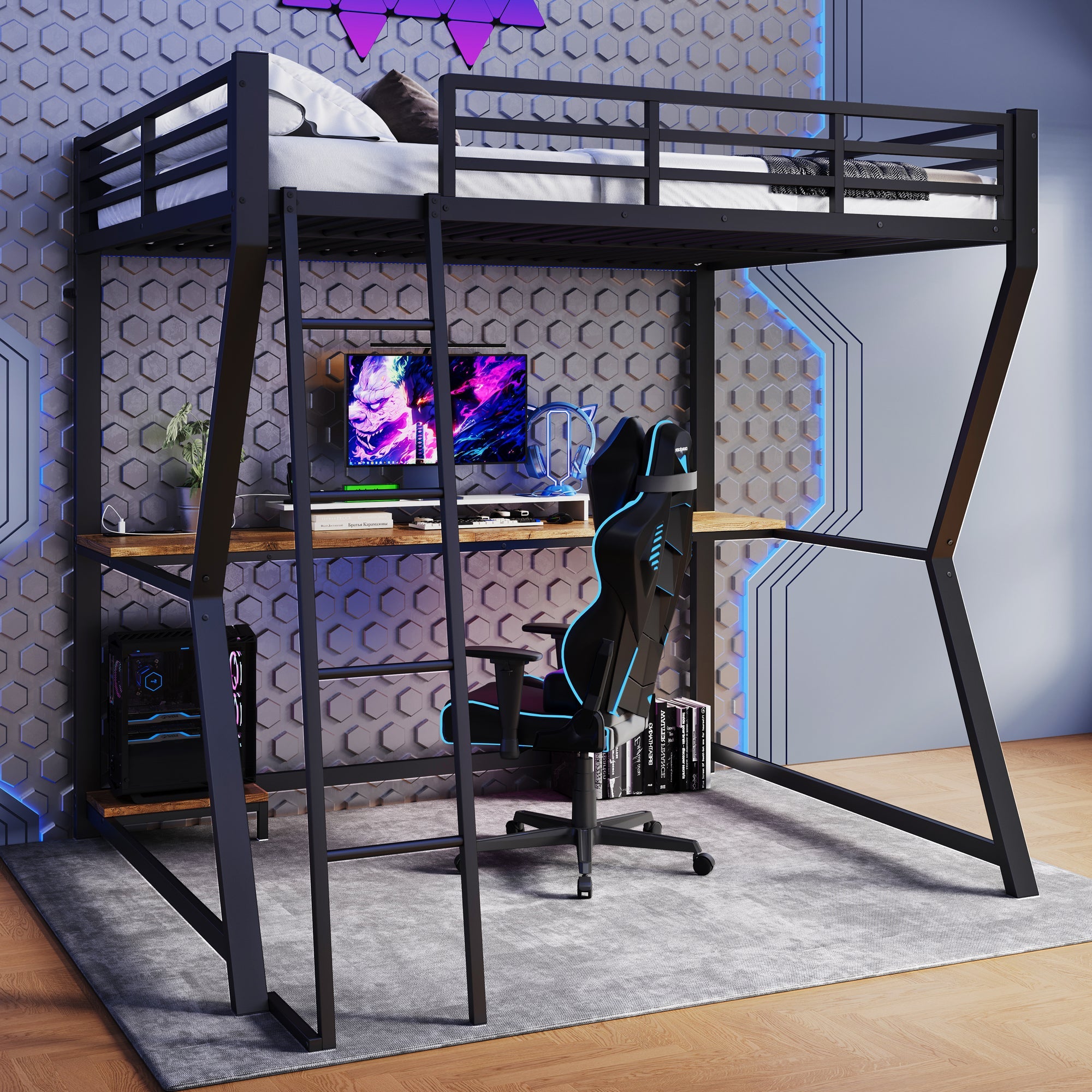 Logidon loft bed 140x200 cm with LED lighting and desk
