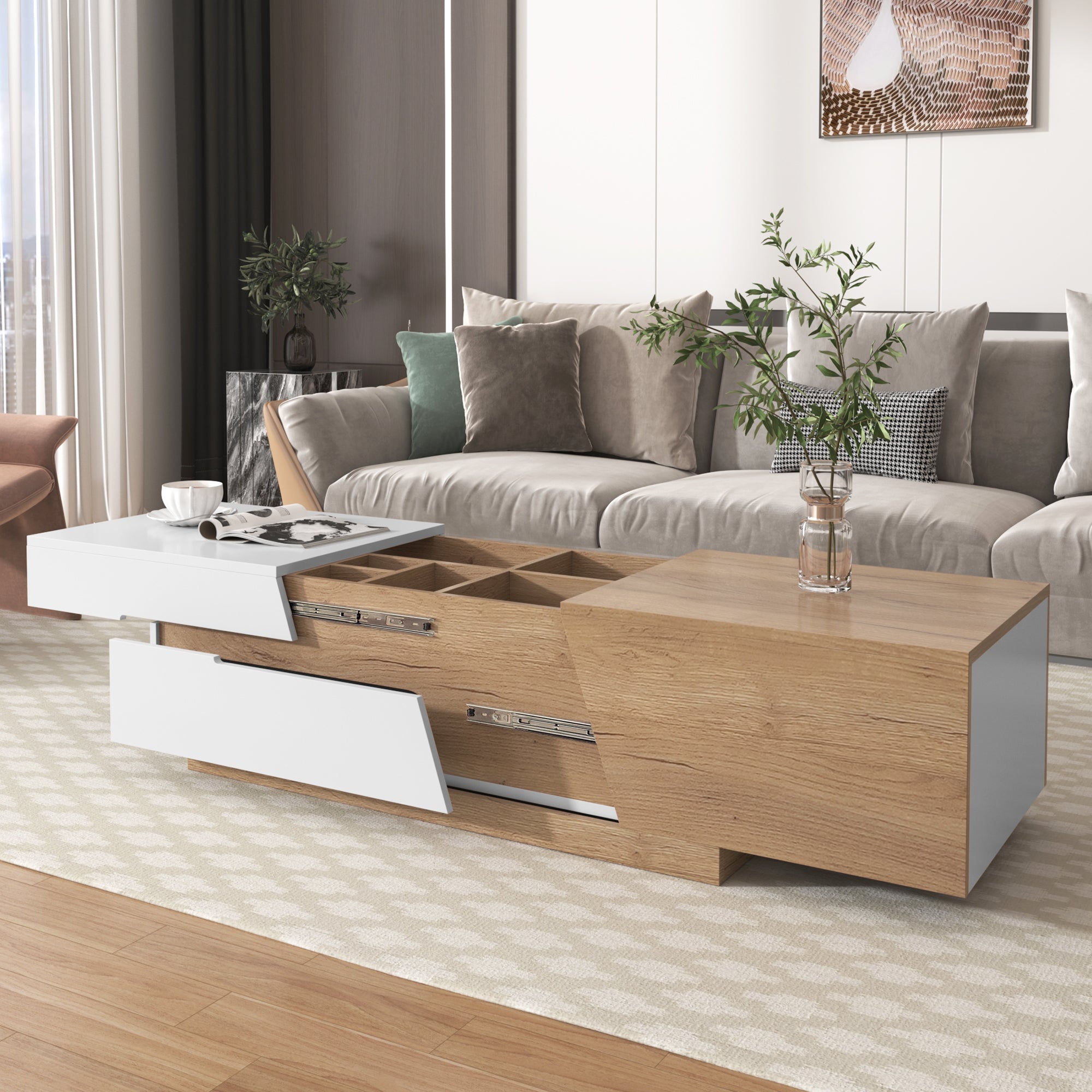 Logidon Uitschuifbare salontafel 120x50 natuurlijke lades kleurblokstructuur