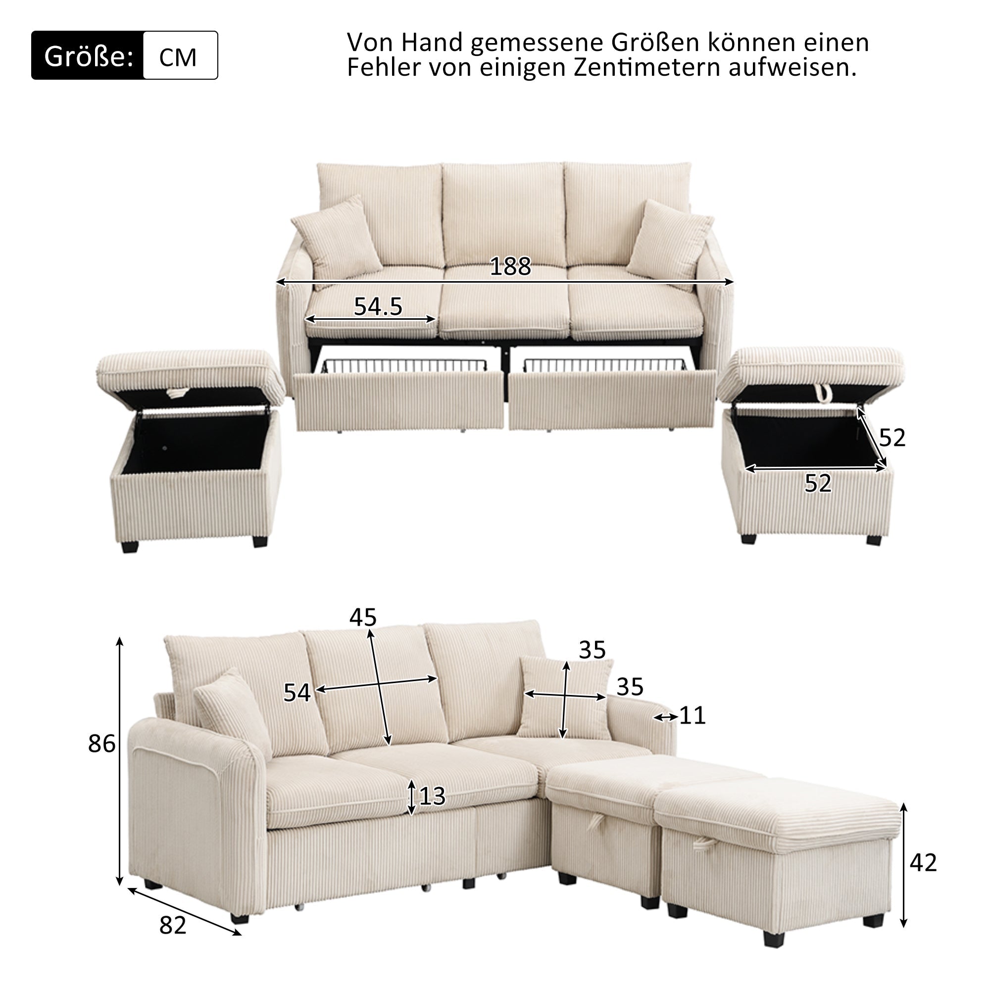 Logidon hoekbank U-vorm beige corduroy stof met opbergvak en slaapfunctie