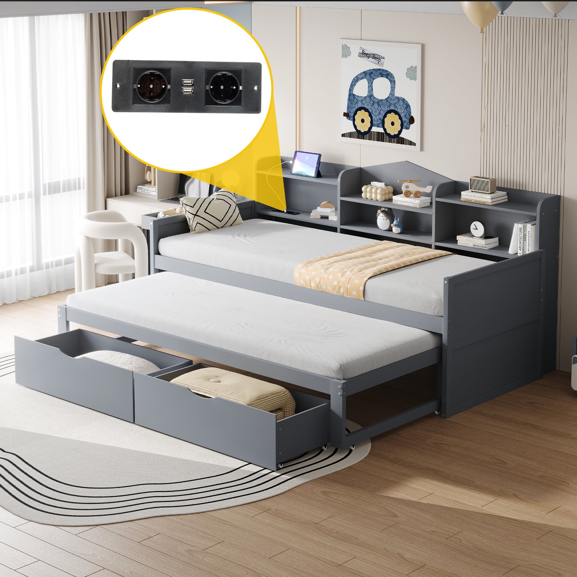 Logidon slaapbank 90x200 grijs met uitschuifbaar bed 90x190 USB