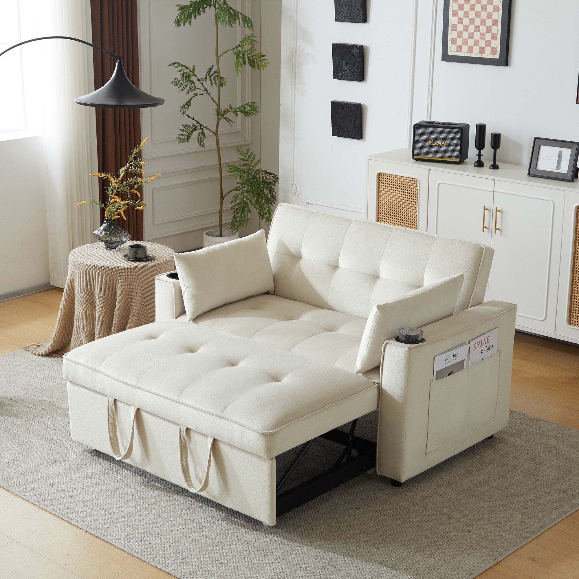 Logidon slaapbank beige fluweel met bekerhouder en kussen
