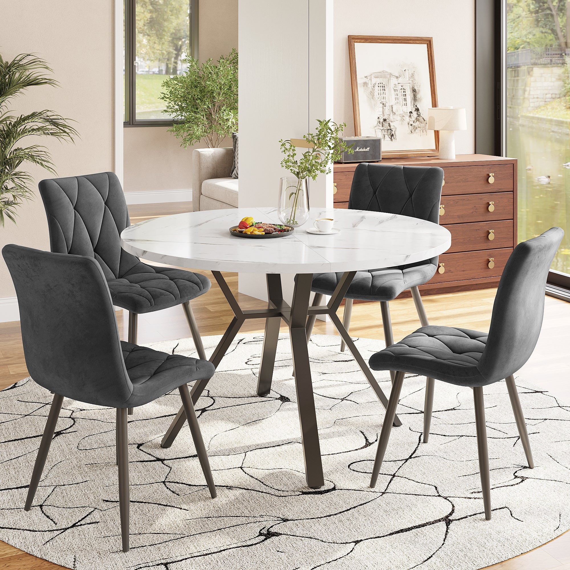 Logidon ronde eettafel marmerlook 100 cm wit MDF X-onderstel