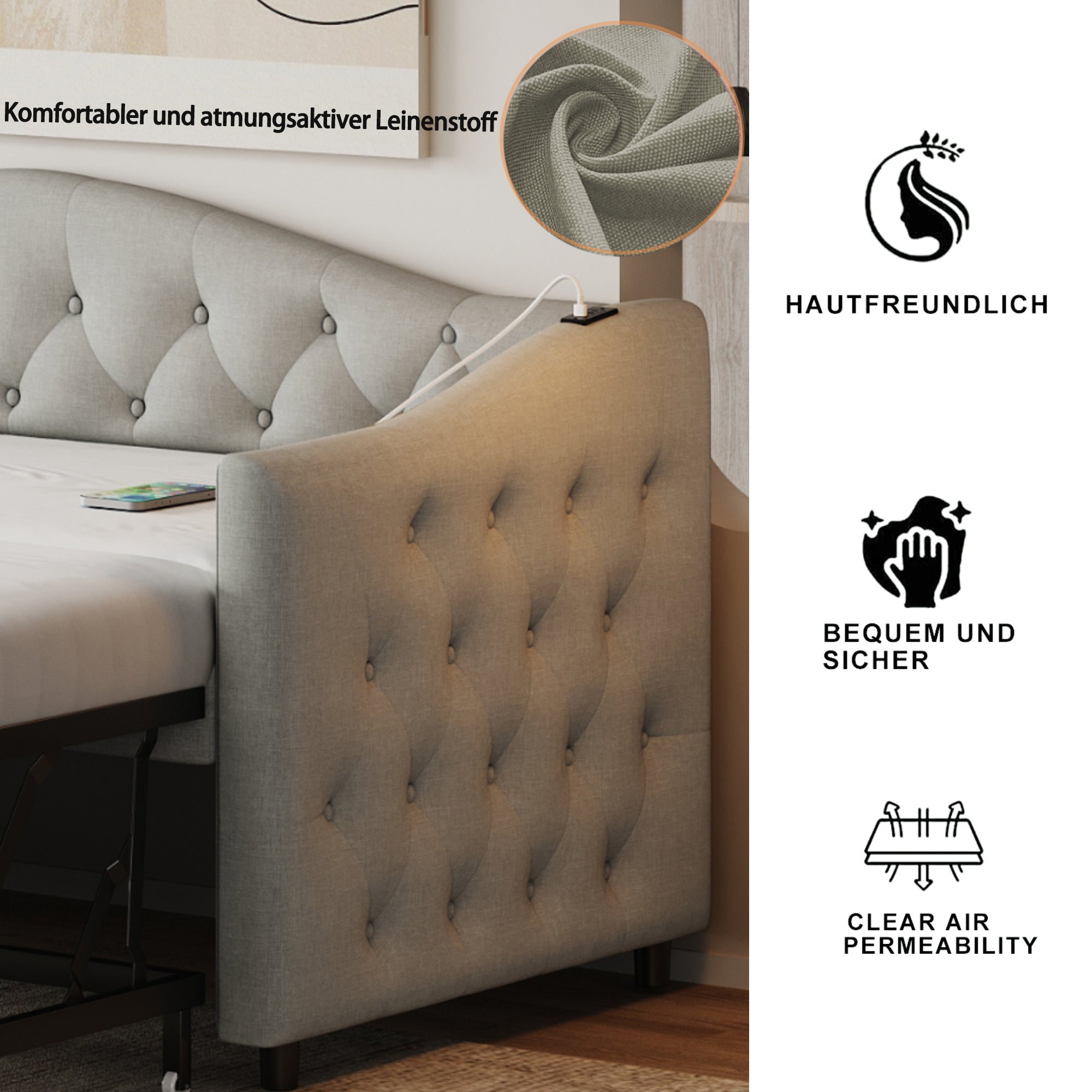 Logidon Upholstered Bed Extendable Sofa Bed 90x200 Gray Linen Fabric USB