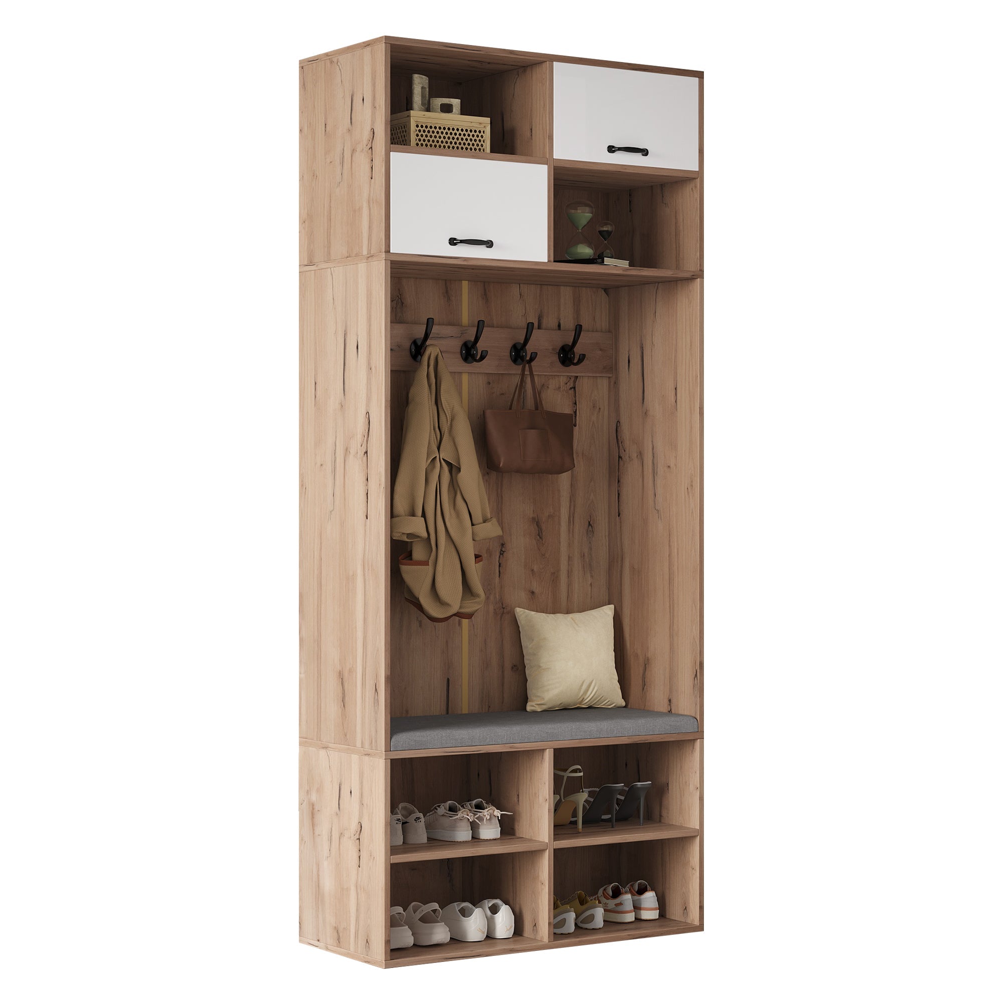 Logidon garderobekast met bank en 5 haken naturel wit 80x35x185cm