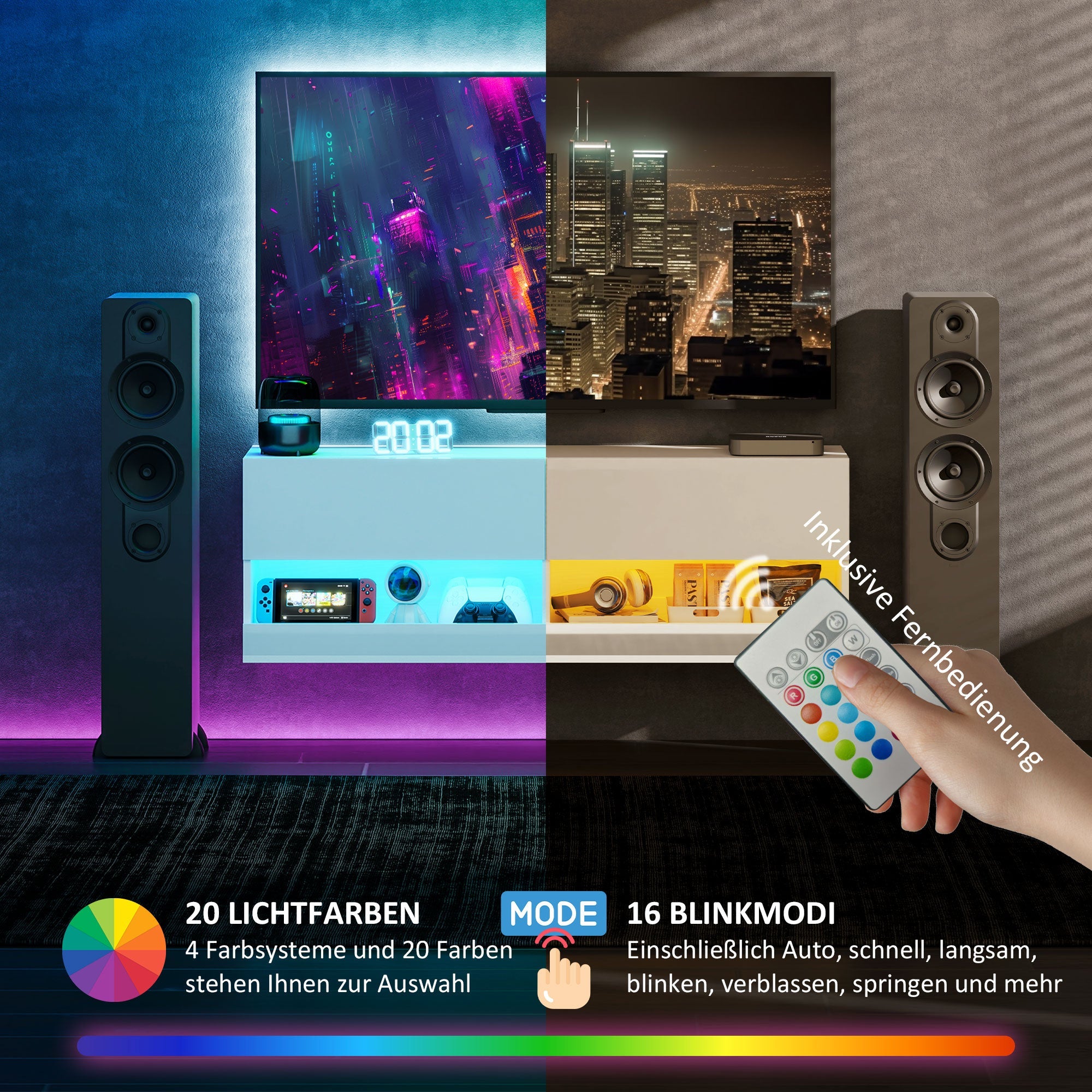 Logidon TV wall cabinet white high gloss LED 16 flashing modes 120 cm