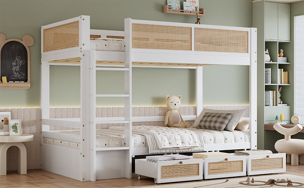 Logidon stapelbed 90x200 cm wit met rotan hekwerk drie lades