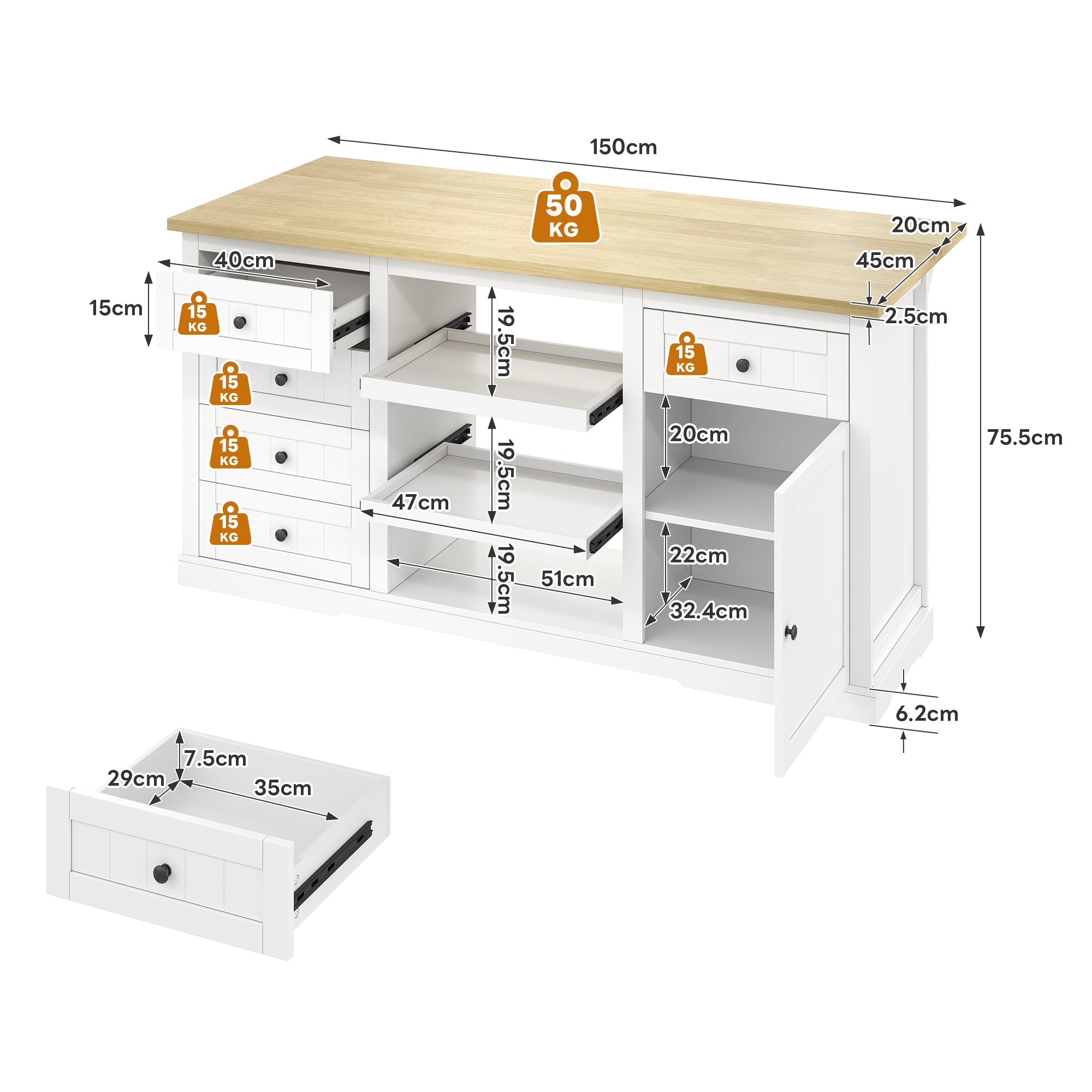 Logidon dressoir keukeneiland wit houten blad 5 laden 150x65x75 cm