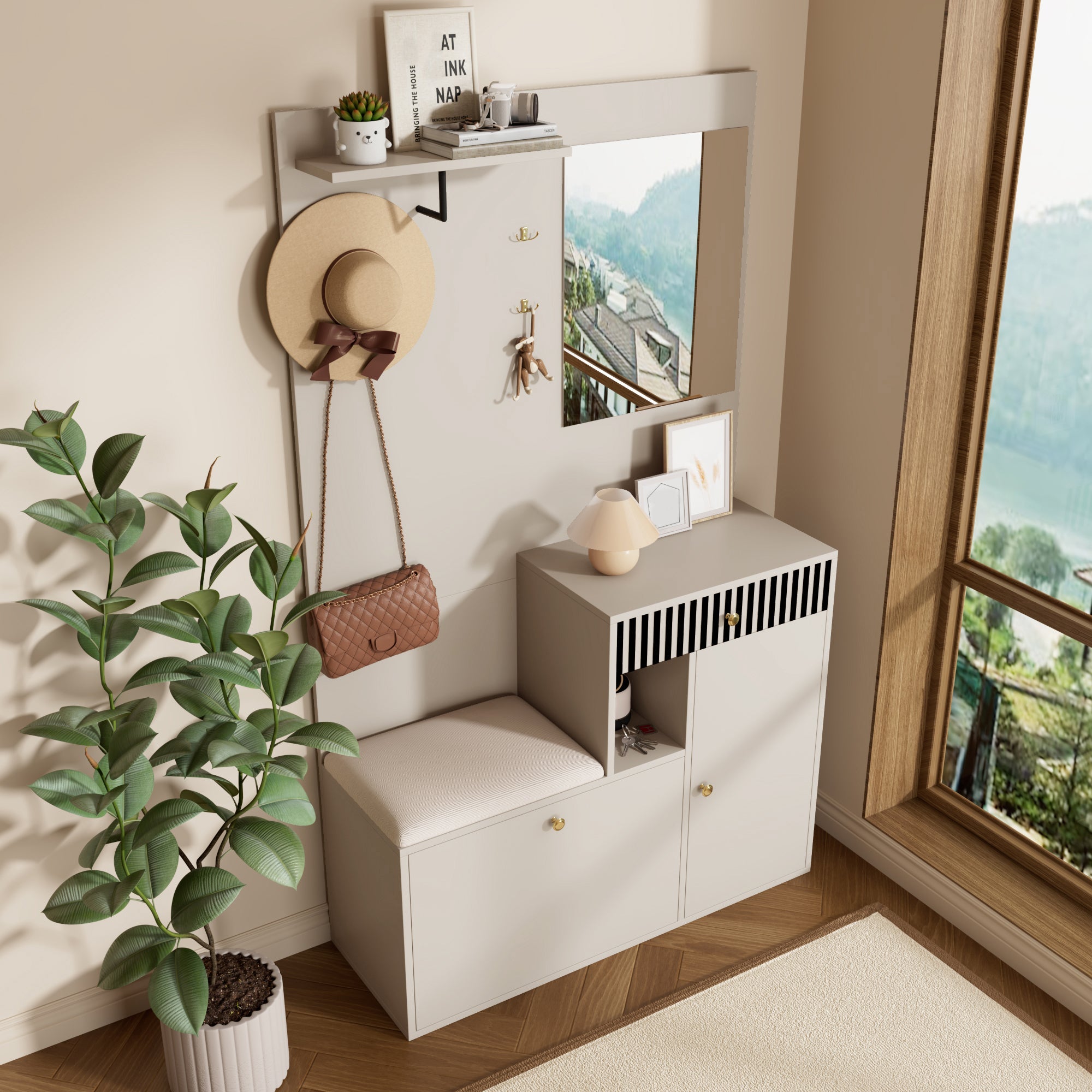 Logidon kledingkastset beige met spiegel en zitkussen 110x185x37 cm