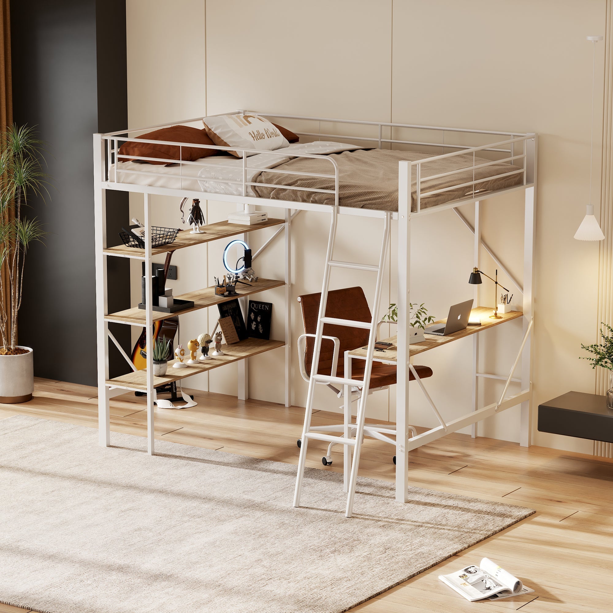 Logidon 90x200 cm metalen hoogslaper met bureauplanken wit
