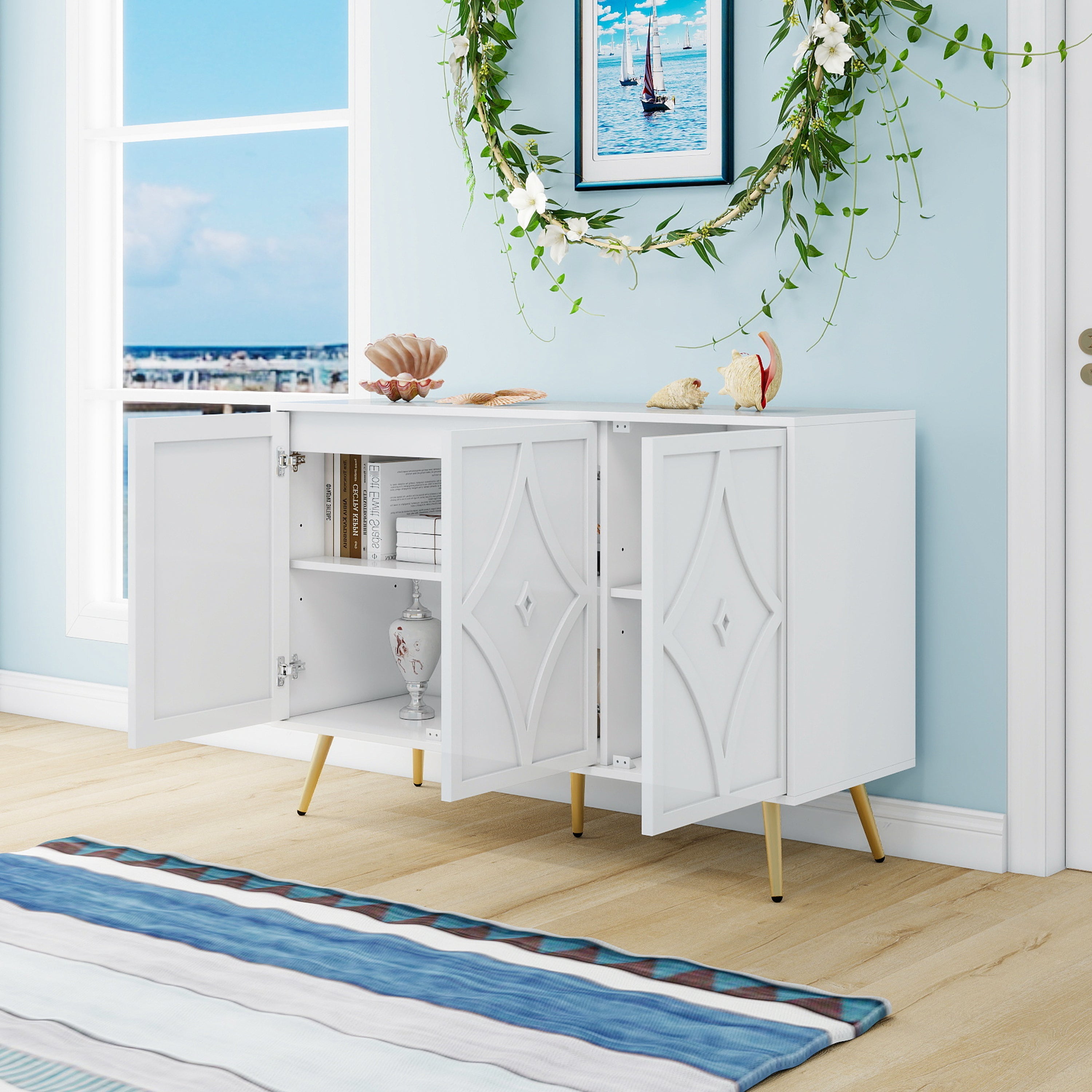 Logidon dressoir 3 deuren wit met 3D-snijpatroon en gouden poten
