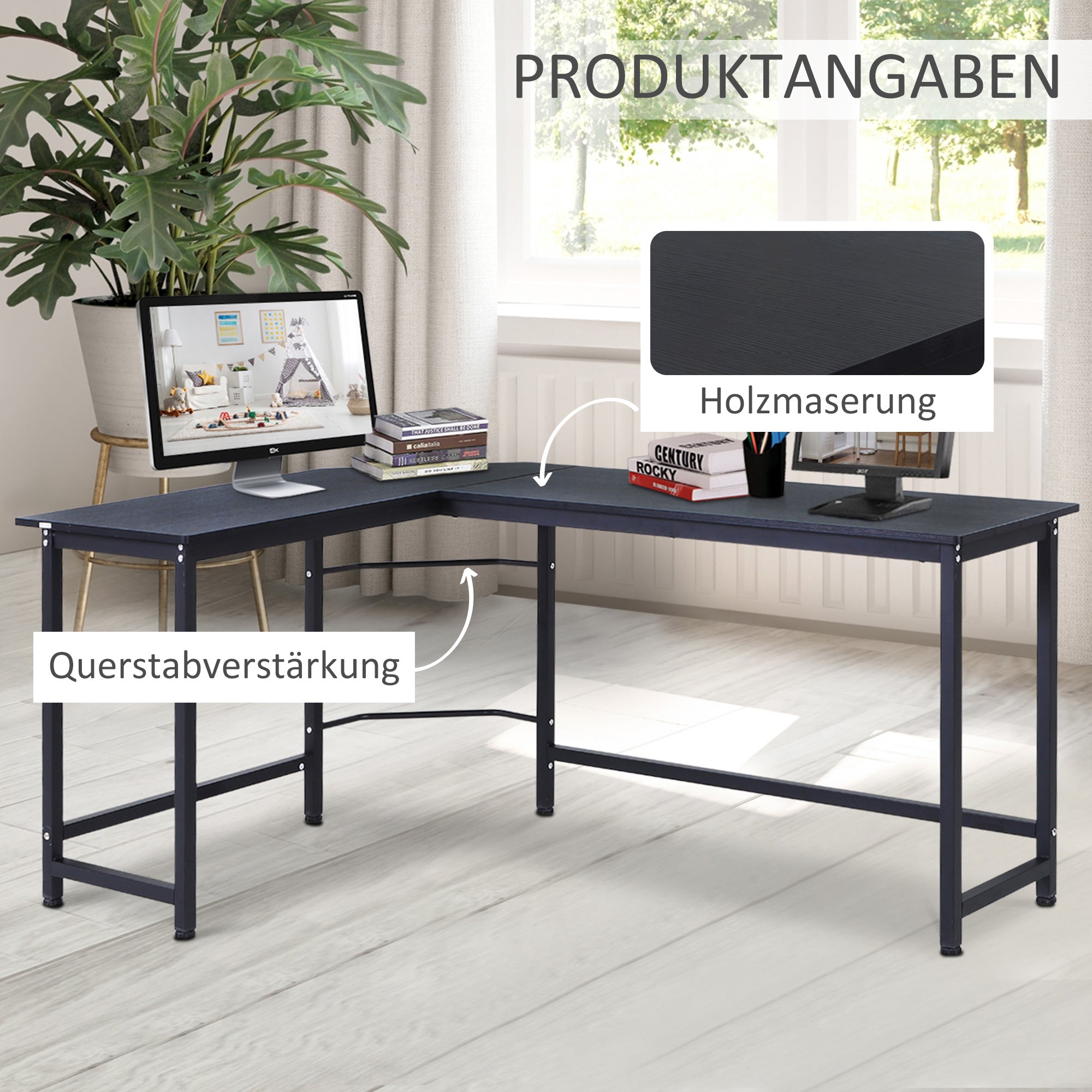 Logidon Vinsetto hoekbureau 168 x 120 cm in hoogte verstelbaar zwart
