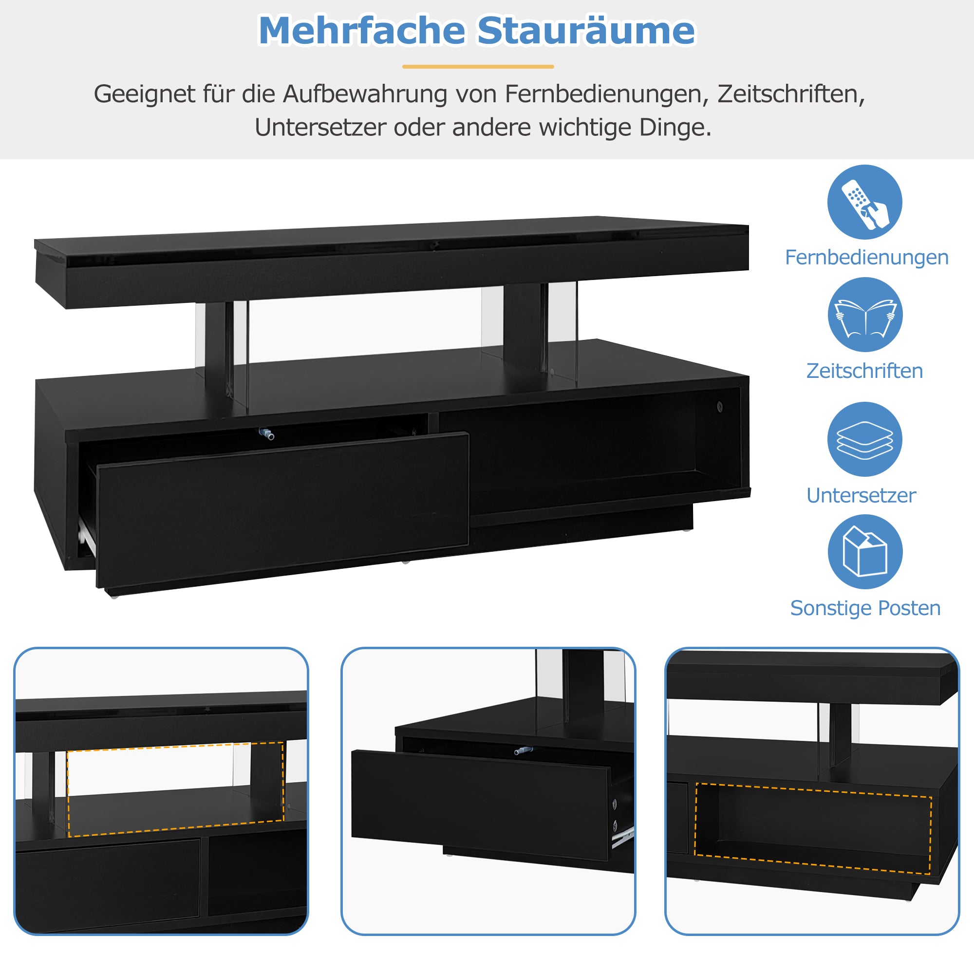 Logidon hoogglans salontafel zwart 95x50x42,5 cm glazen bladen