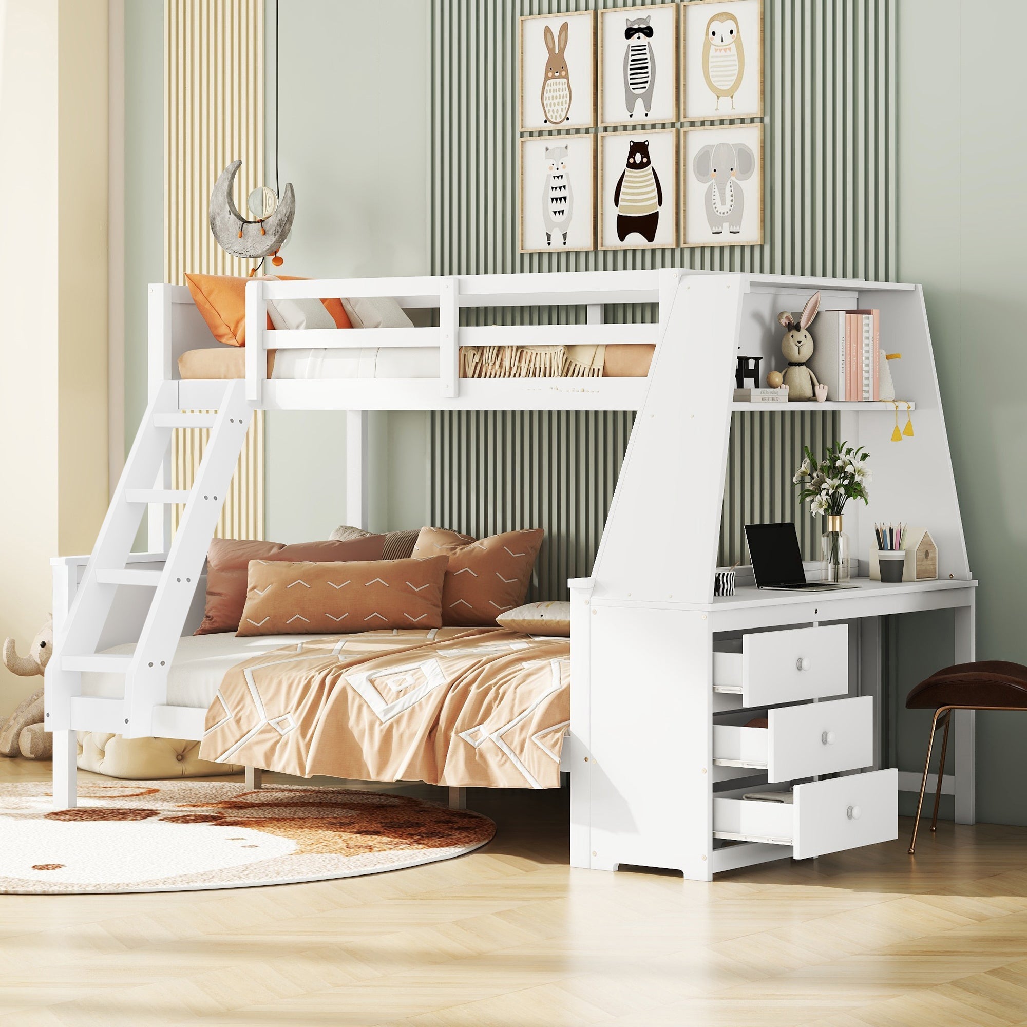 Logidon Bunk Bed 90x200 and 140x200 with Table and Storage Space White