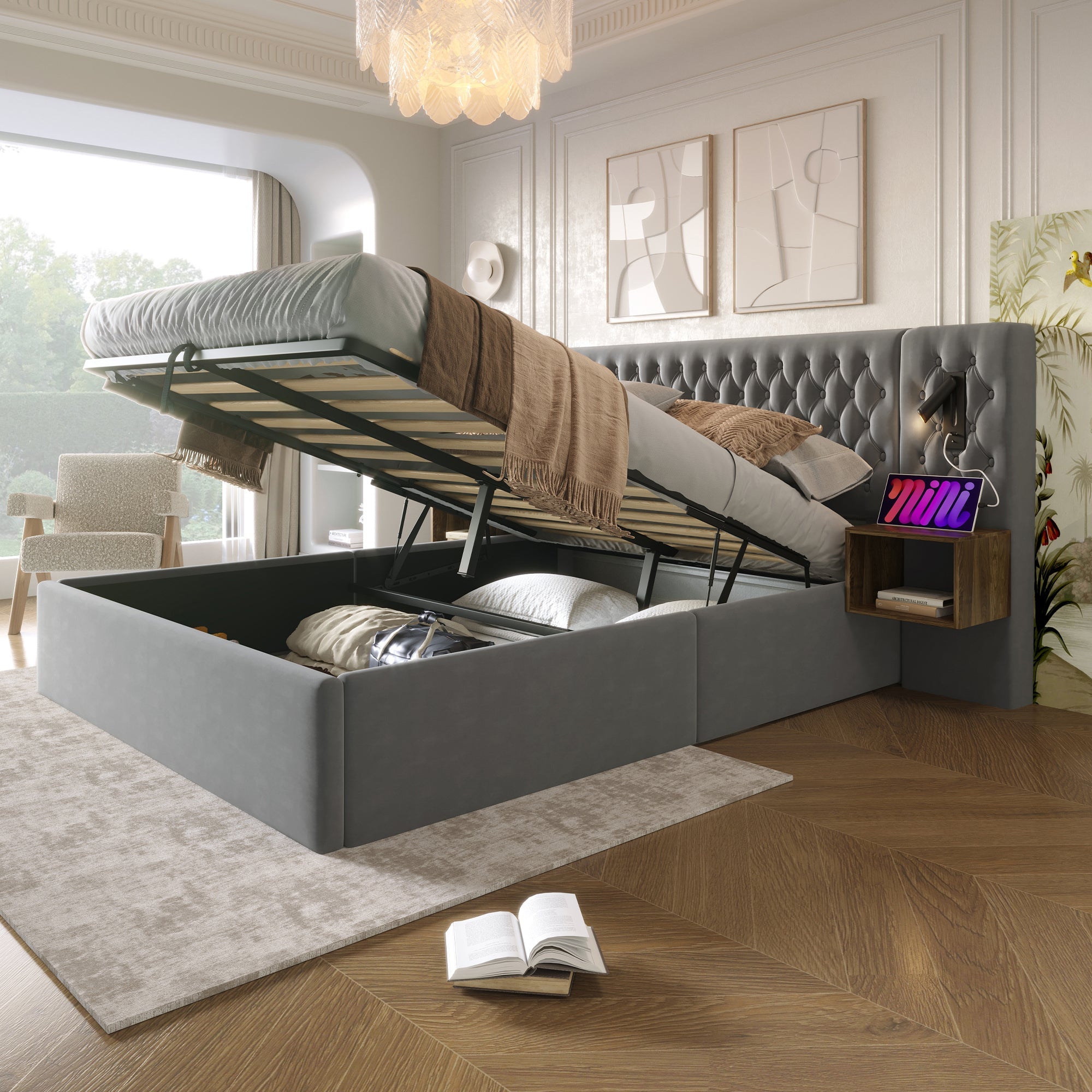Logidon bed system hydraulic storage bed 160x200 cm gray velvet