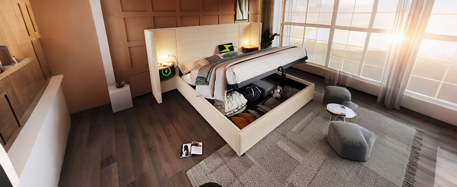 Logidon gestoffeerd bed 160x200 beige-wit met opbergruimte