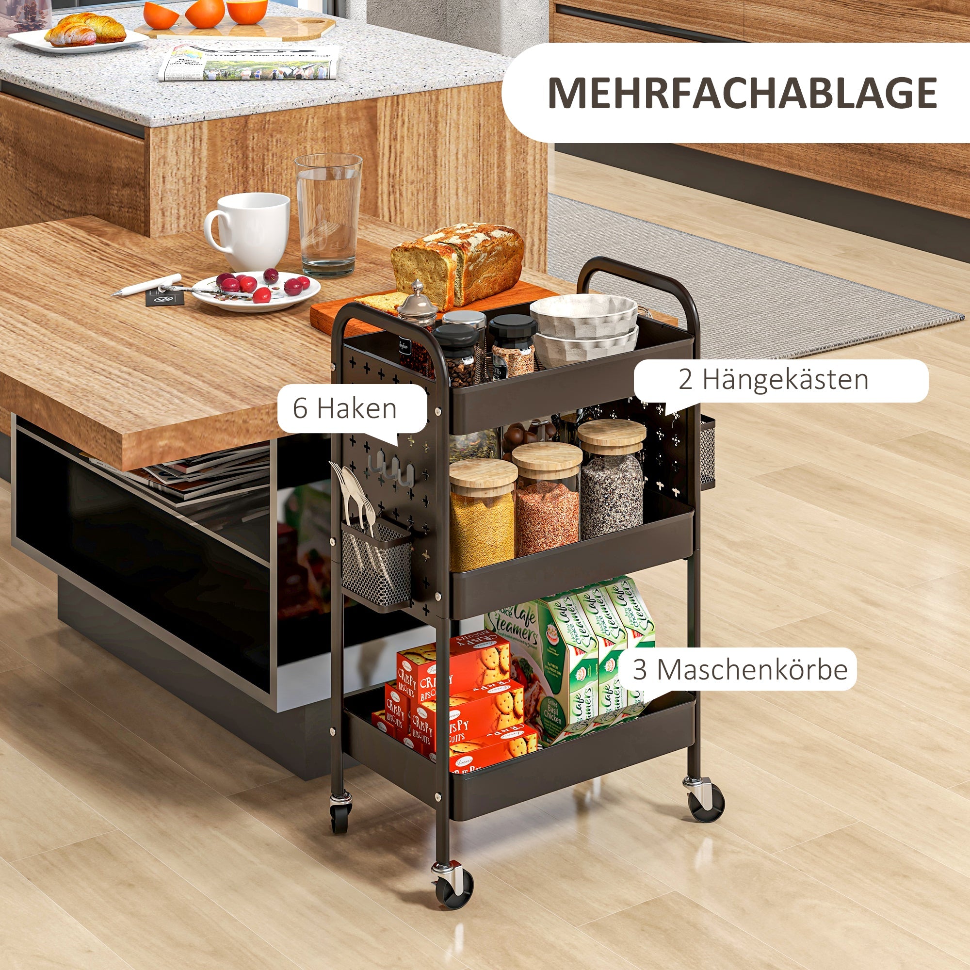 Logidon trolley serveerwagen zwart staal 3 niveaus 53,5x30,5x75 cm