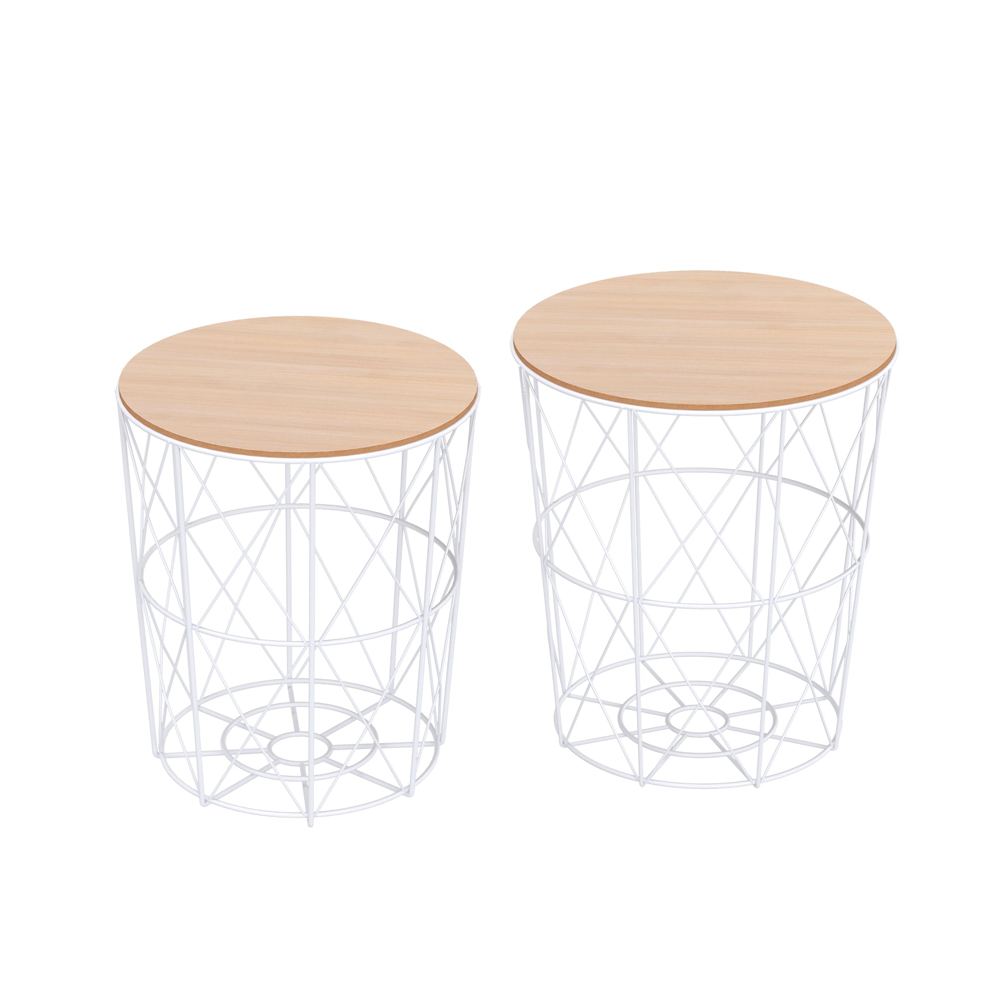 Logidon Set van 2 salontafels Natuurlijk hout Wit metalen frame Diameter 40 cm