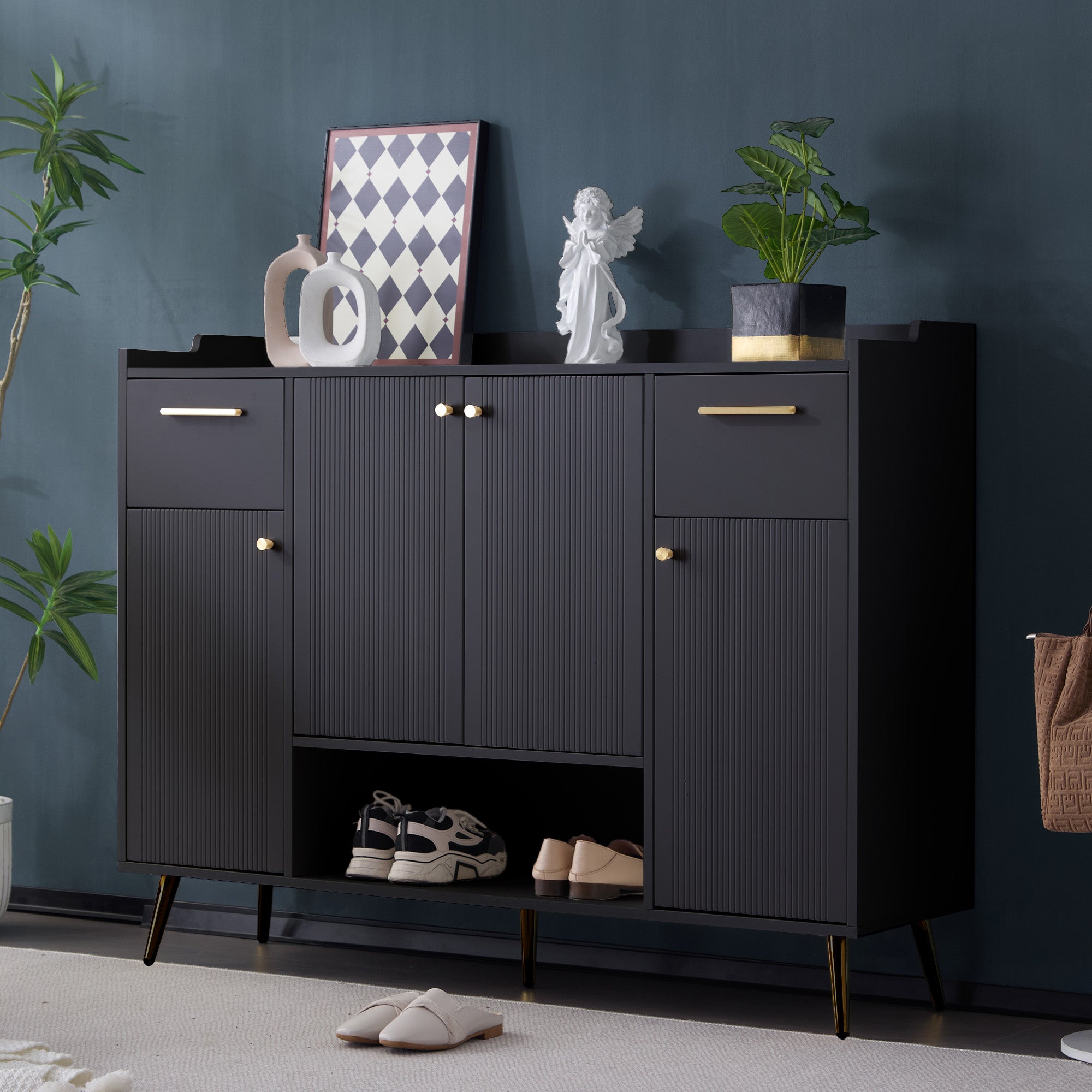 Logidon shoe cabinet black with 2 drawers and 4 doors metal feet