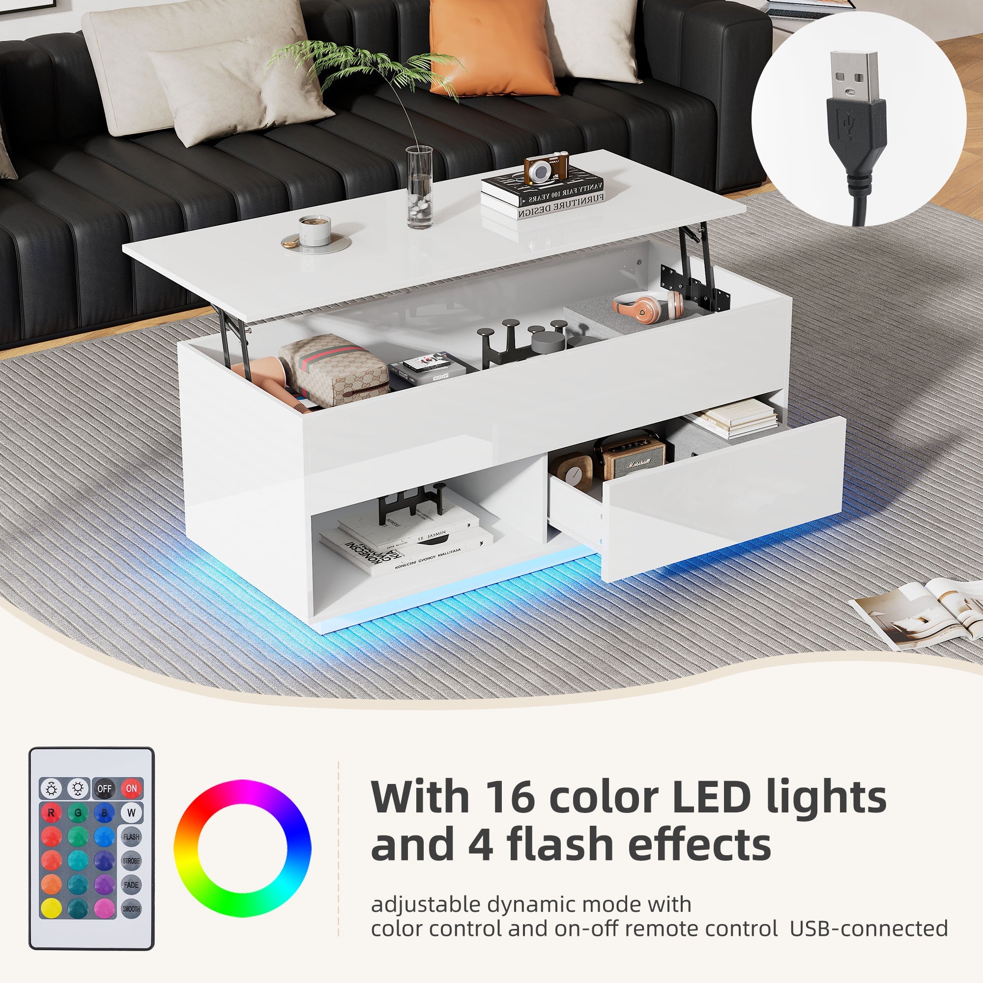 Logidon hoogglans hefsalontafel 100 x 50 cm witte LED-verlichting