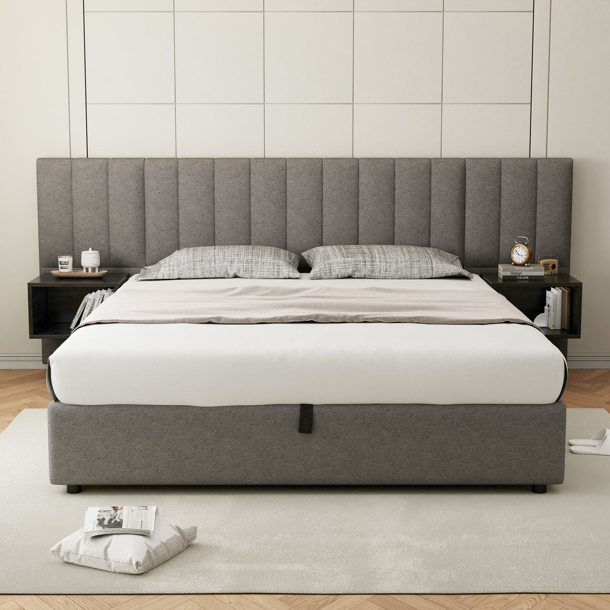 Logidon Gestoffeerd bed 160x200 cm met hydraulische opbergruimte grijs zwart