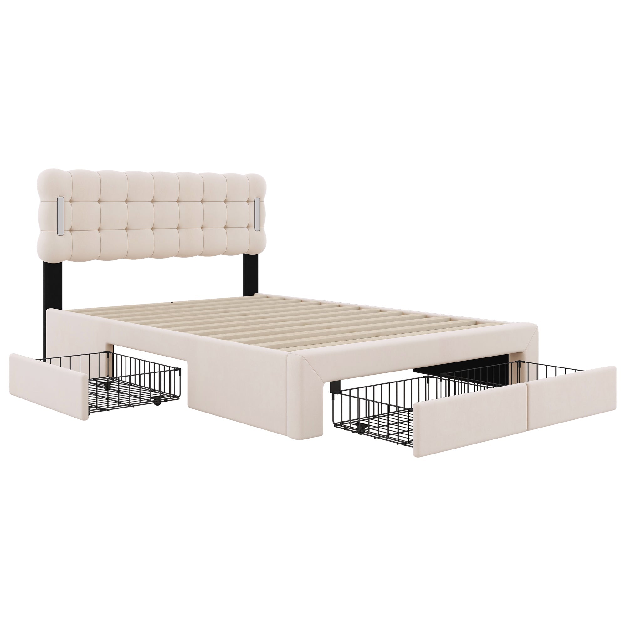 Logidon Flat Bed 140x200 Beige Velvet With Lighting And 4 Drawers
