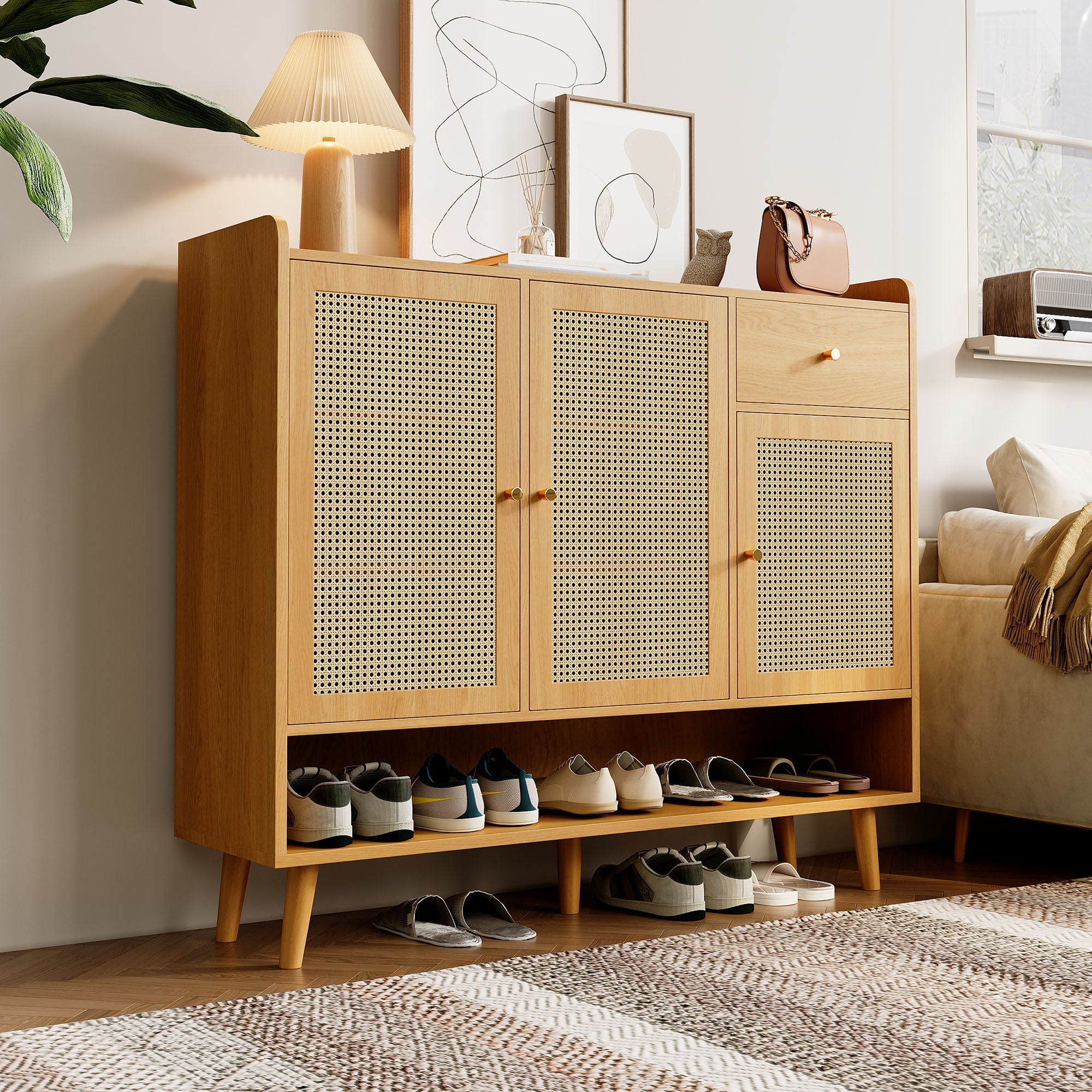 Logidon schoenenkast naturel rotan 120x35x106 met 3 deuren 1 lade