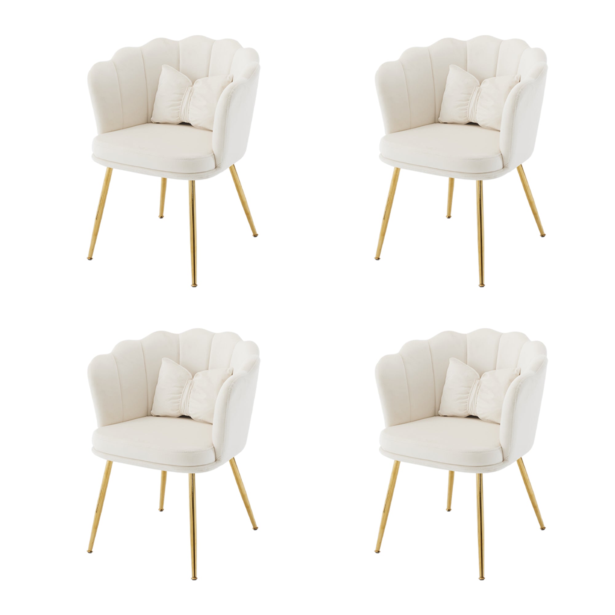Logidon Vier fluwelen woonstoelen beige met bloemblaadjes aan de achterkant, gouden poten