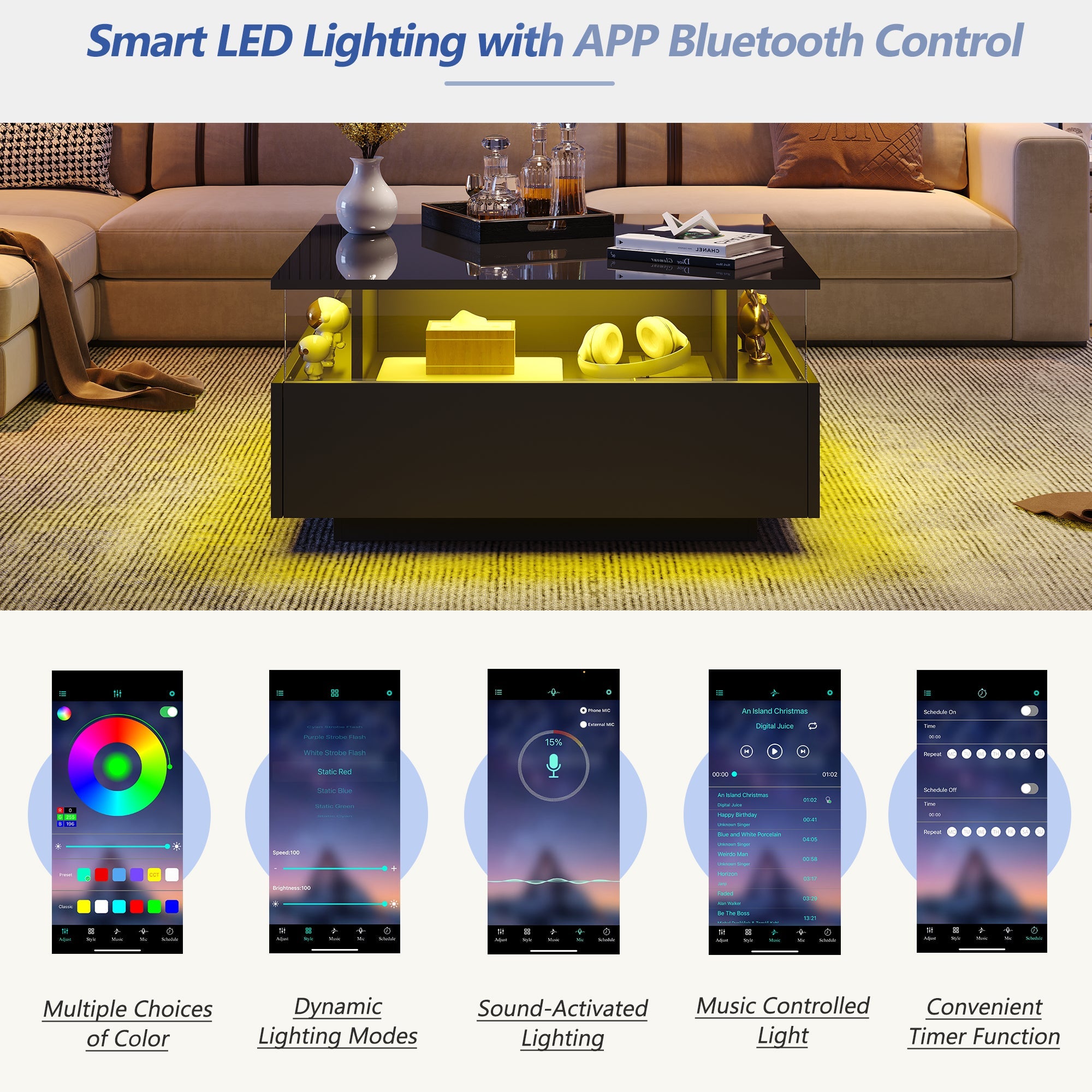 Logidon hoogglans LED salontafel 90x55x45 cm zwart 2 lades