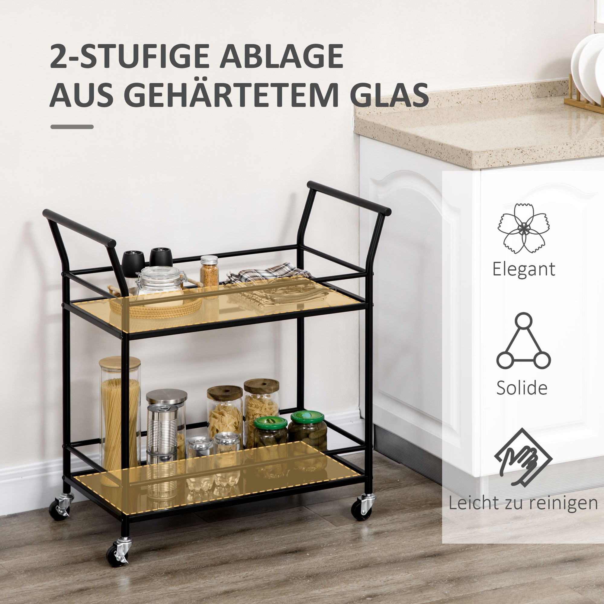 Logidon keukentrolley serveerwagen met glazen planken zwart 75x40x80 cm
