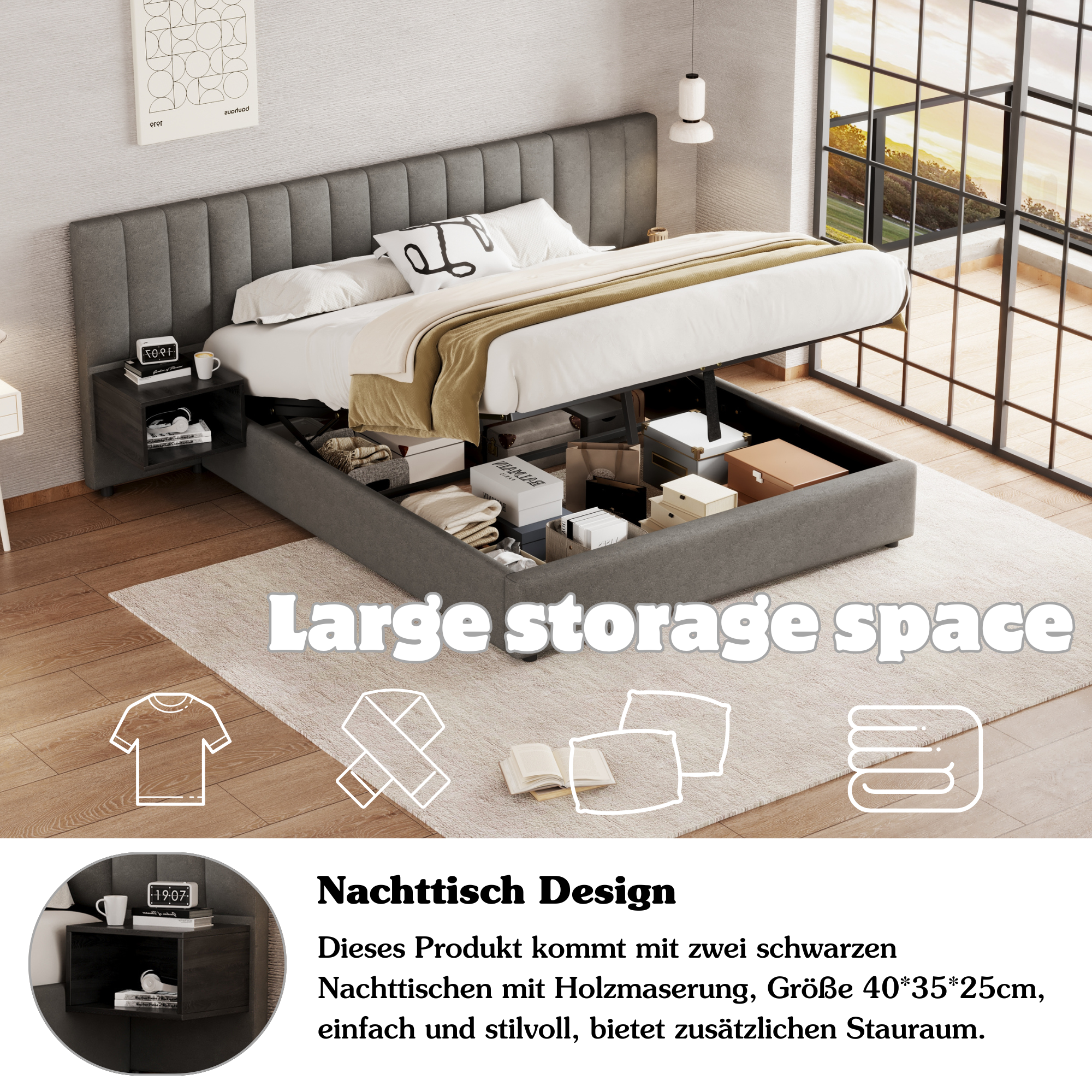 Logidon Gestoffeerd bed 160x200 cm met hydraulische opbergruimte grijs zwart