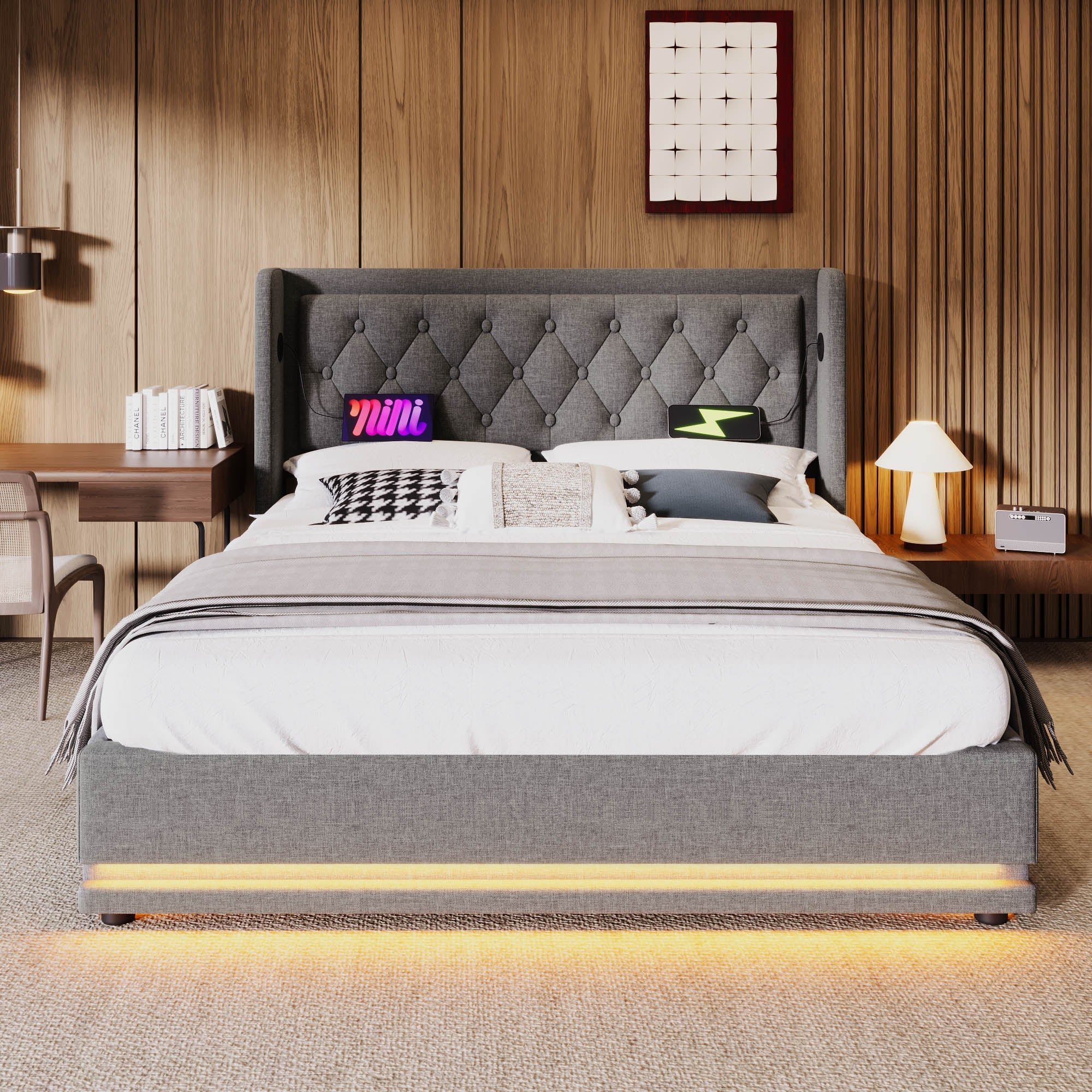 Logidon gestoffeerd bed 160x200 cm grijs fluweel opbergruimte USB-C oplaadfunctie