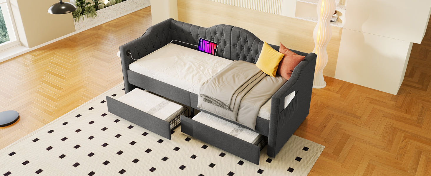 Logidon upholstered daybed 90x200 gray USB-C charging function 2 drawers