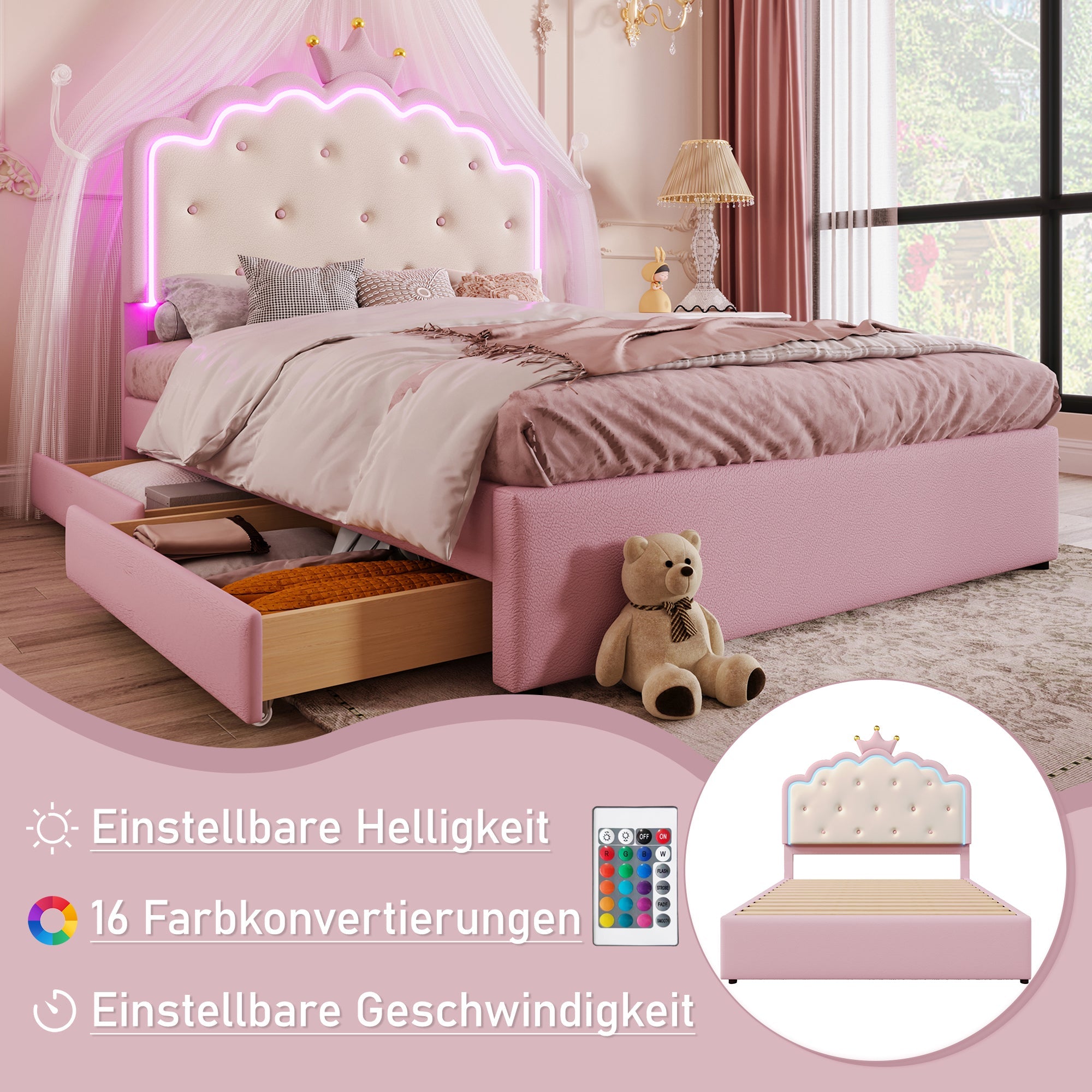 Logidon gestoffeerd bed 140x200 roze met lattenbodem LED-verlichting