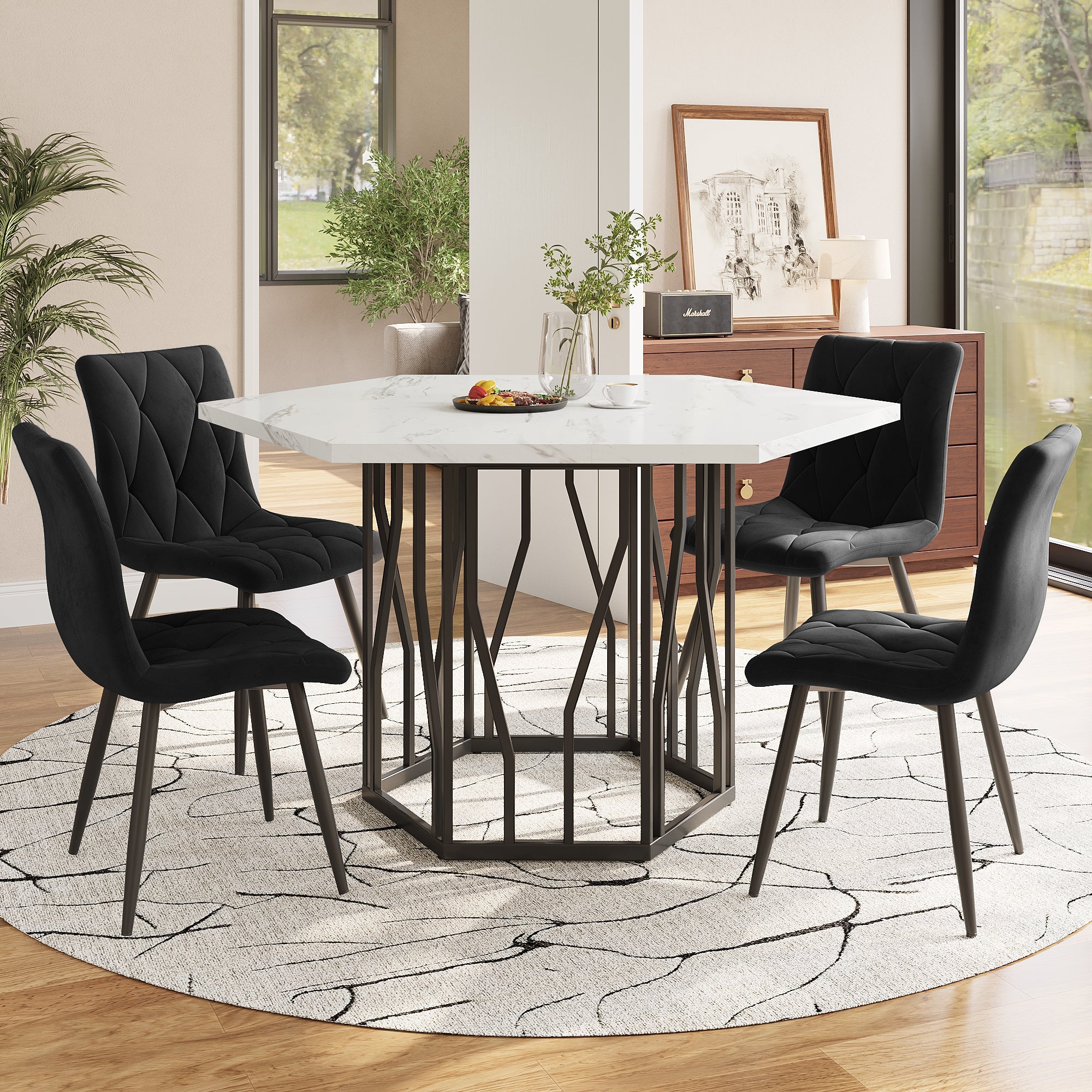 Logidon Hexagon marmeren witte eettafelset en zwart fluwelen stoelen