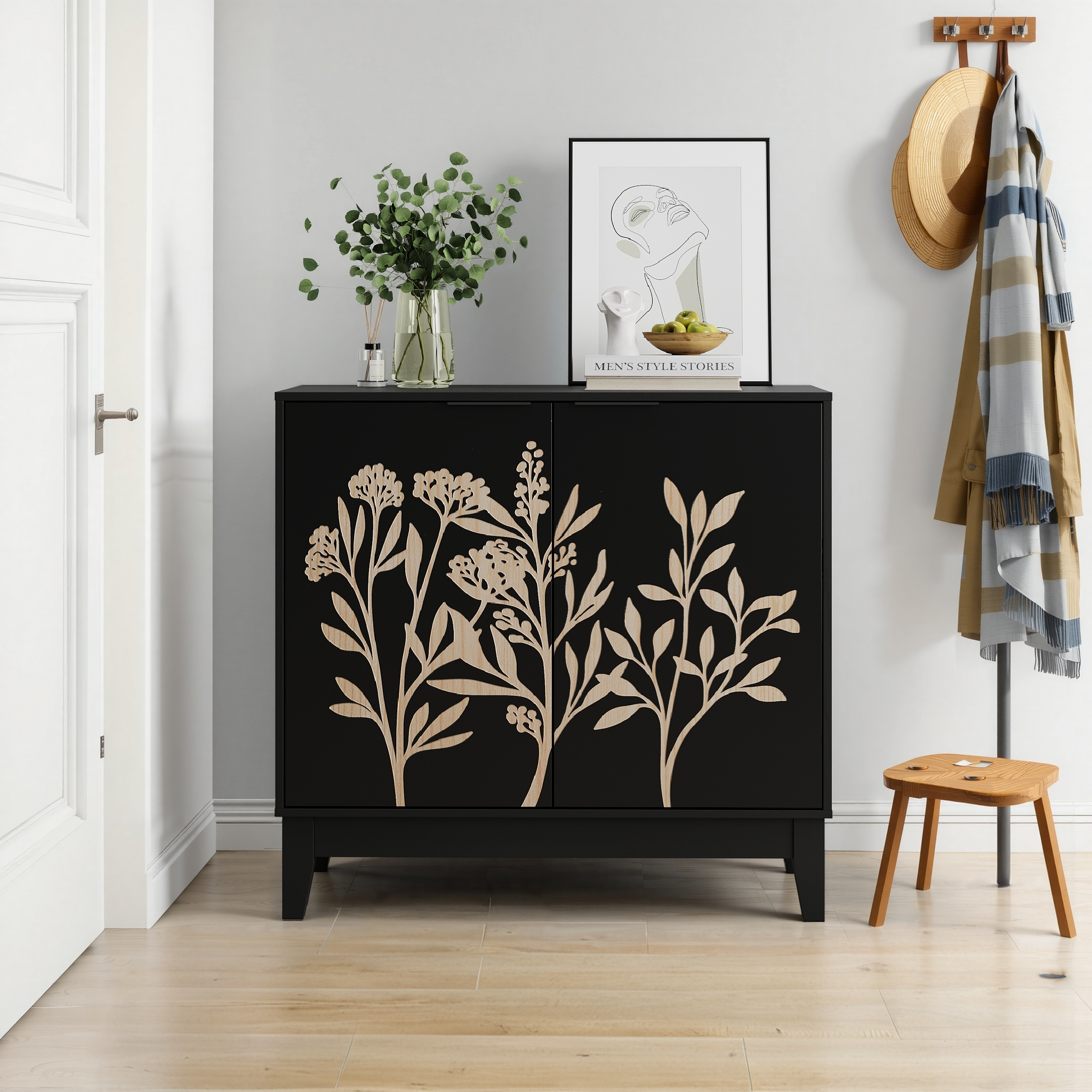 Logidon 80 cm Buffetschrank Schwarz Mit Schnitzwerk Und Verstellbaren Regalen