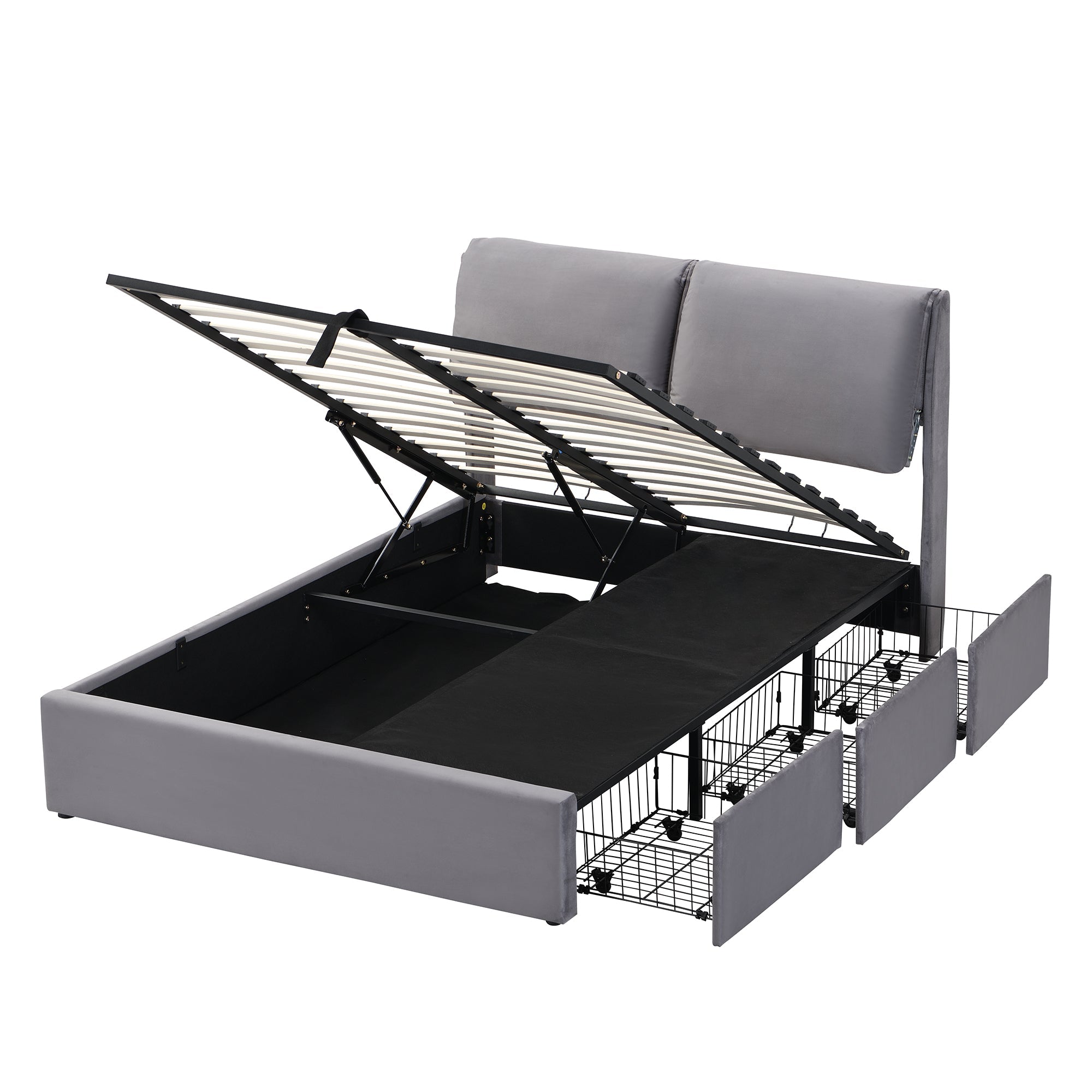 Logidon gestoffeerd bed 140x200 grijs fluweel hydraulisch met drie lades hoofdeinde