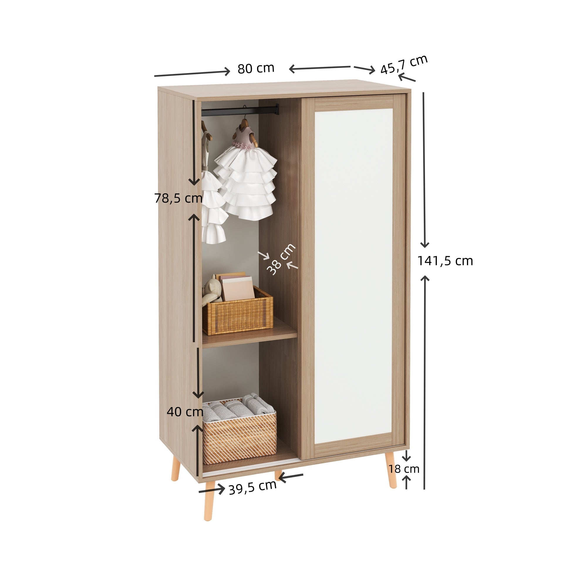 Logidon Children's Wardrobe Sliding Door Open Wardrobe White Natural Wood 141.5 cm