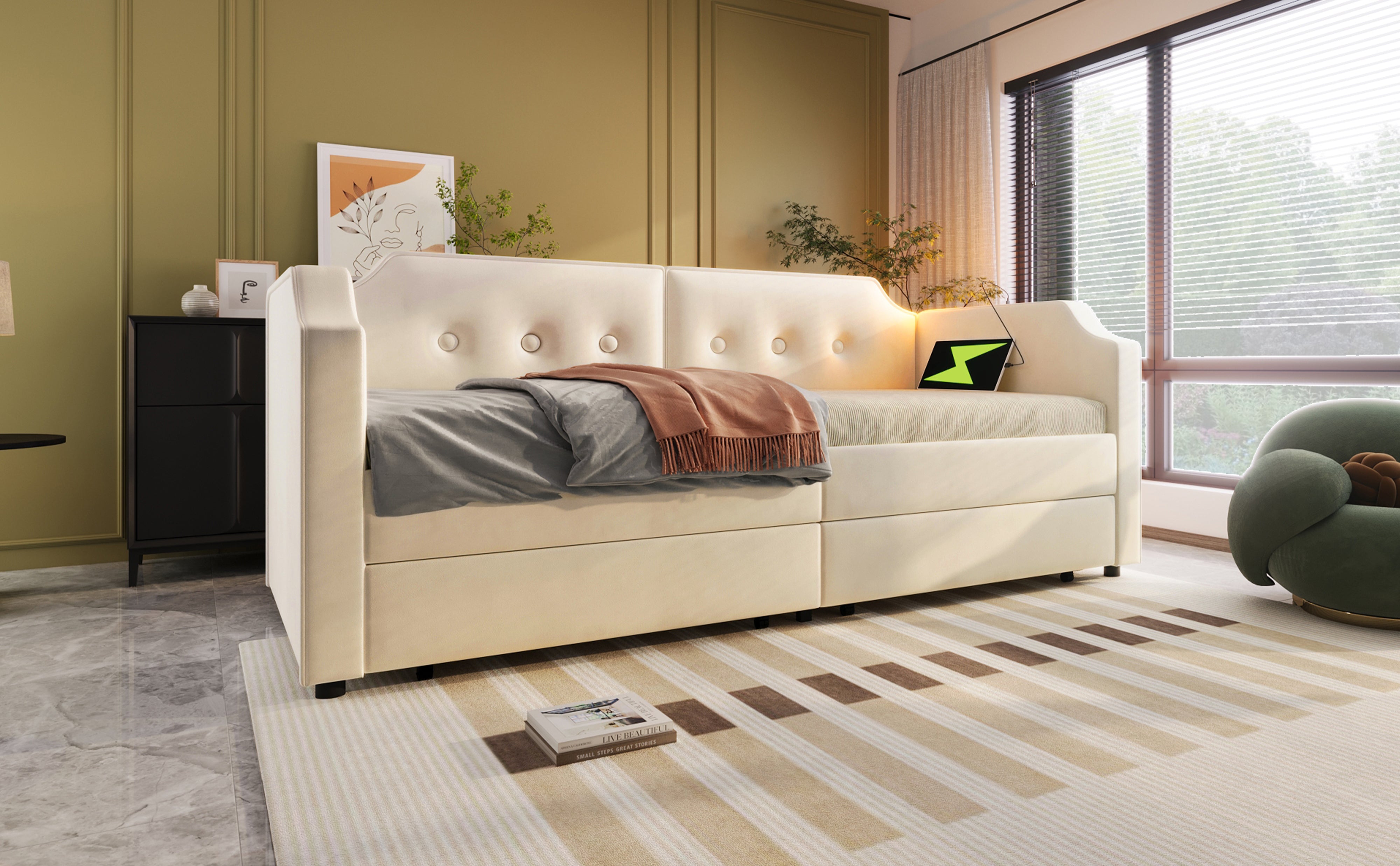 Logidon gestoffeerd bed 90x200 cm beige fluweel met USB-C oplaadpunt leeslampje