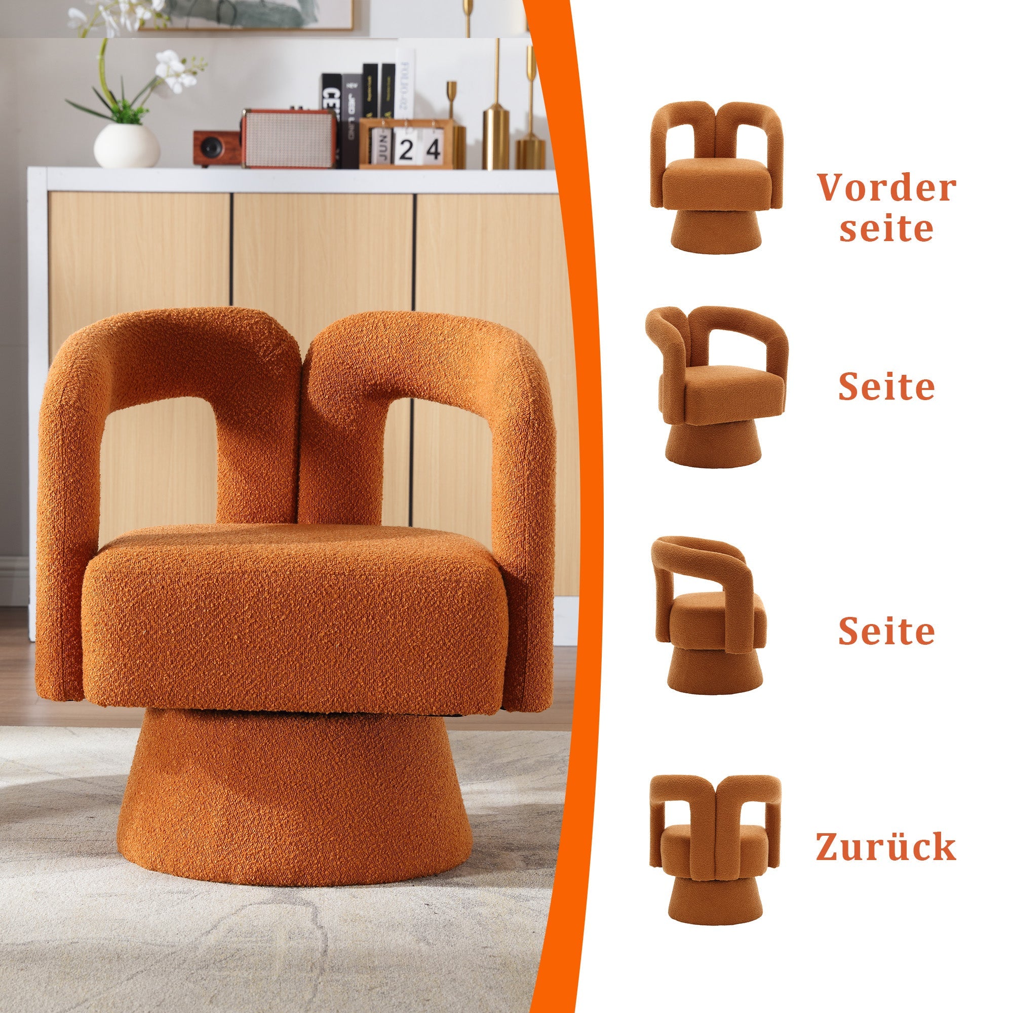 Logidon 360 graden draaistoel knuffelige tonaccentstoel Oranje Bouclé