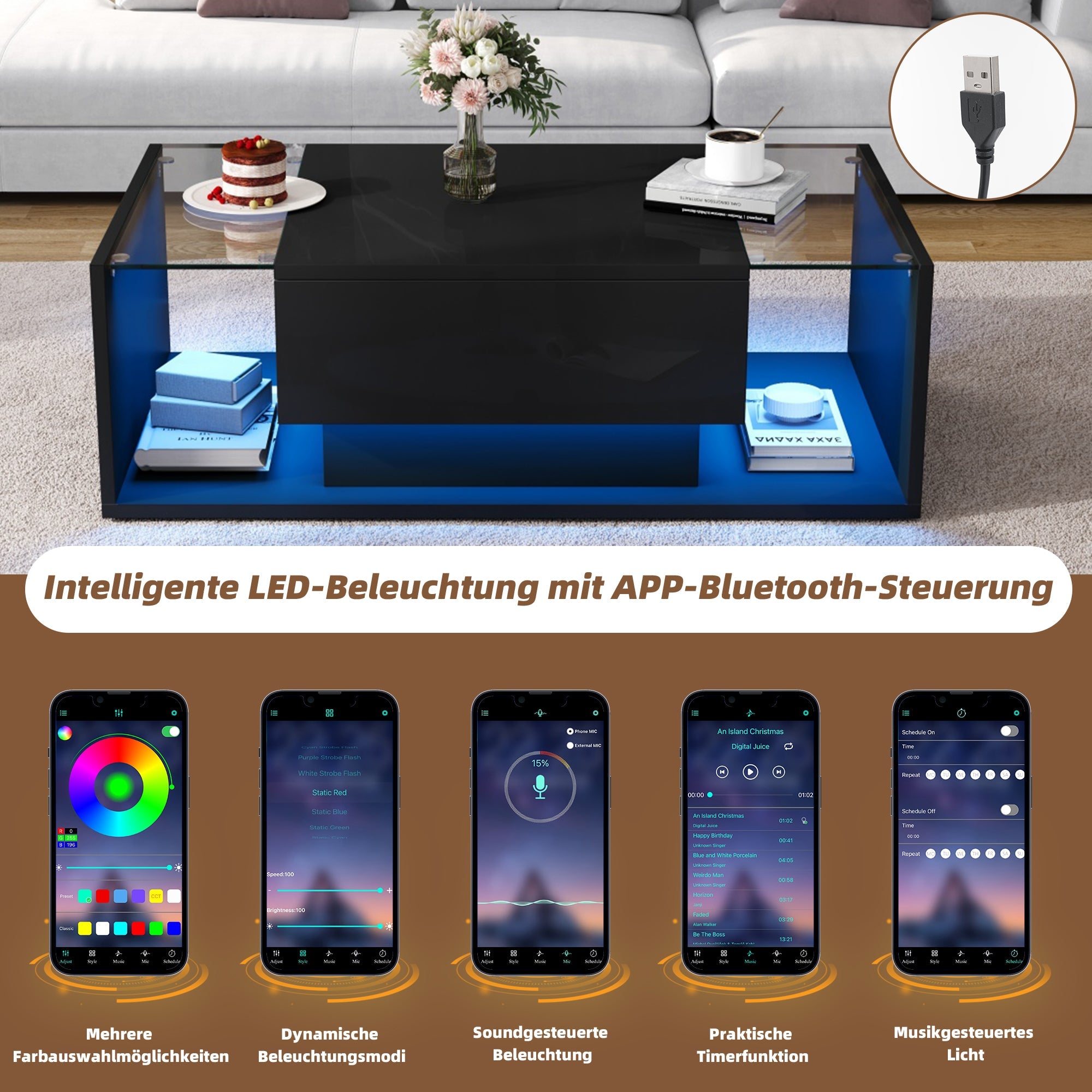 Logidon Zwarte hoogglans salontafel 100x50x31 cm met lade LED lichtstrip