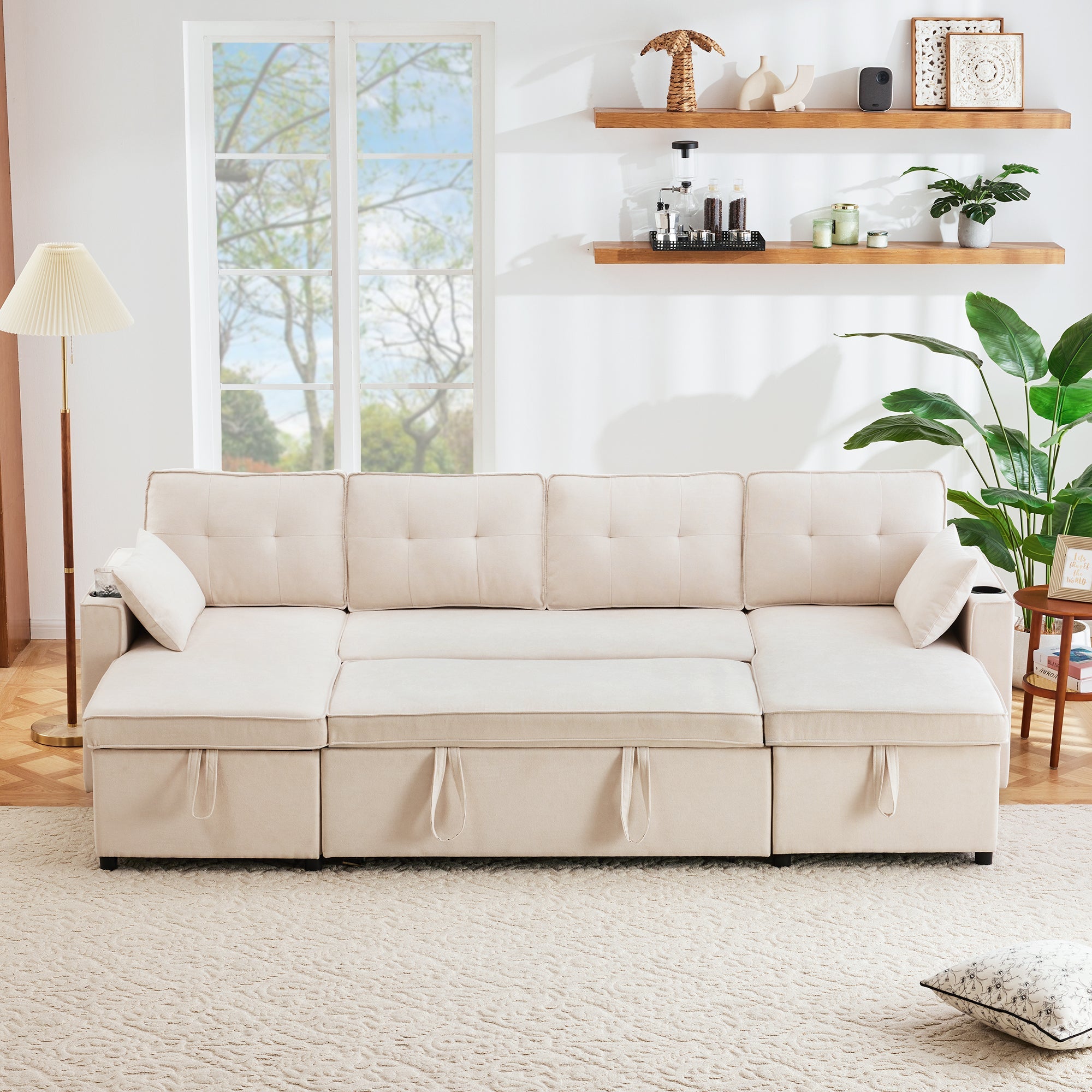 Logidon U-vormige slaapbank, beige stof, grote 4-zits bekerhouder