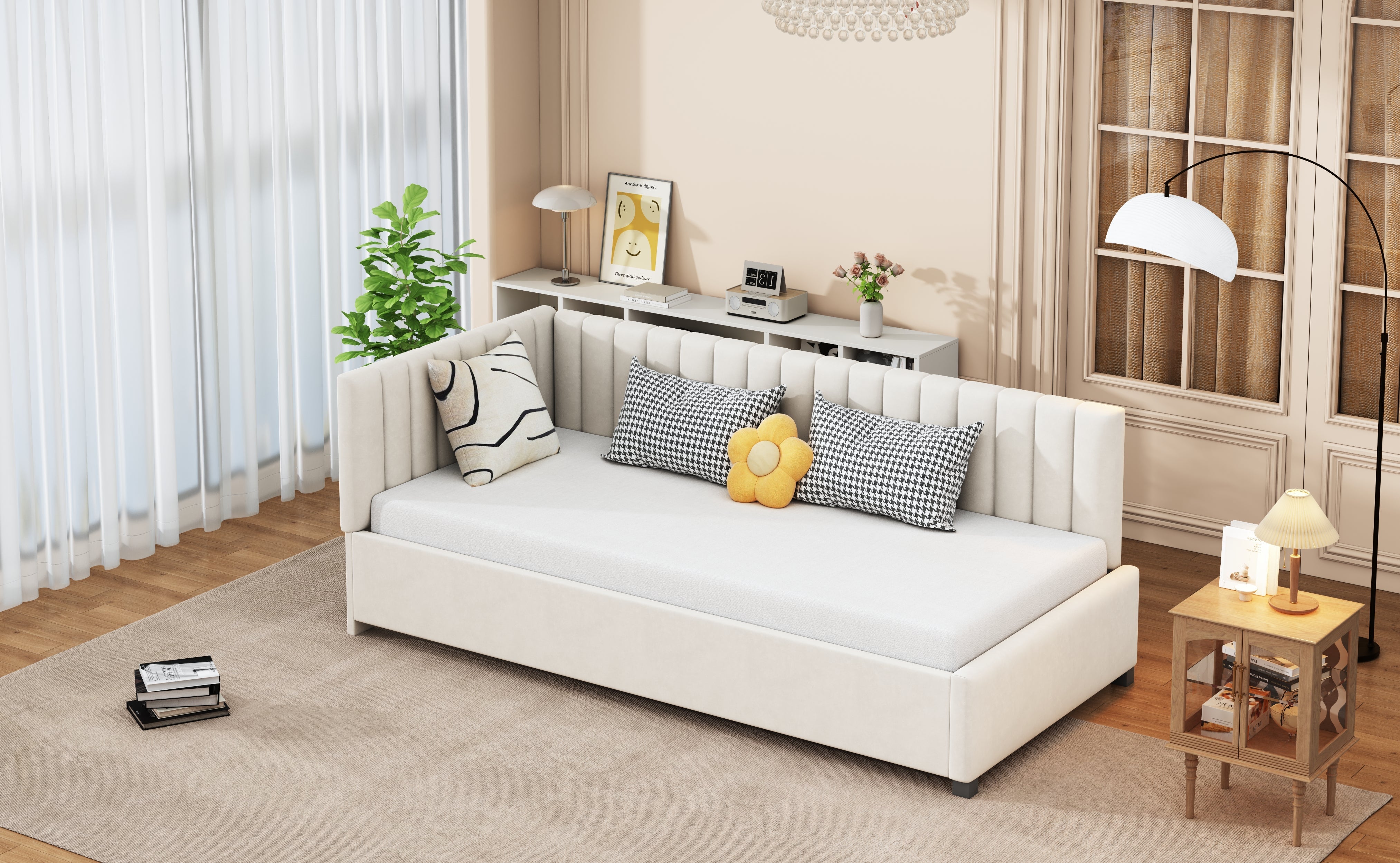 Logidon upholstered bed 90x200 multifunctional bed with slatted frame beige velvet