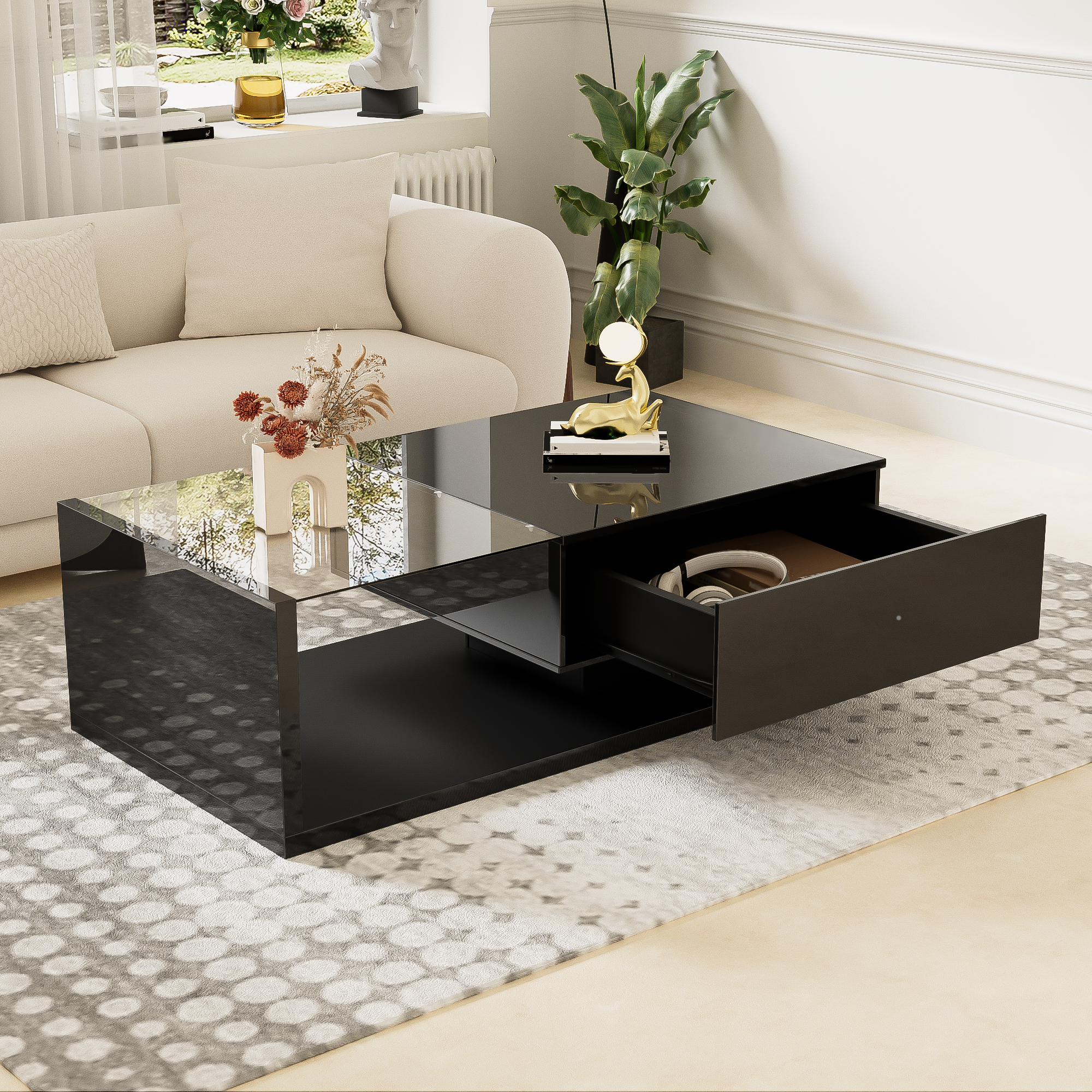 Logidon salontafel hoogglans zwart met glas en LED effect 105 cm