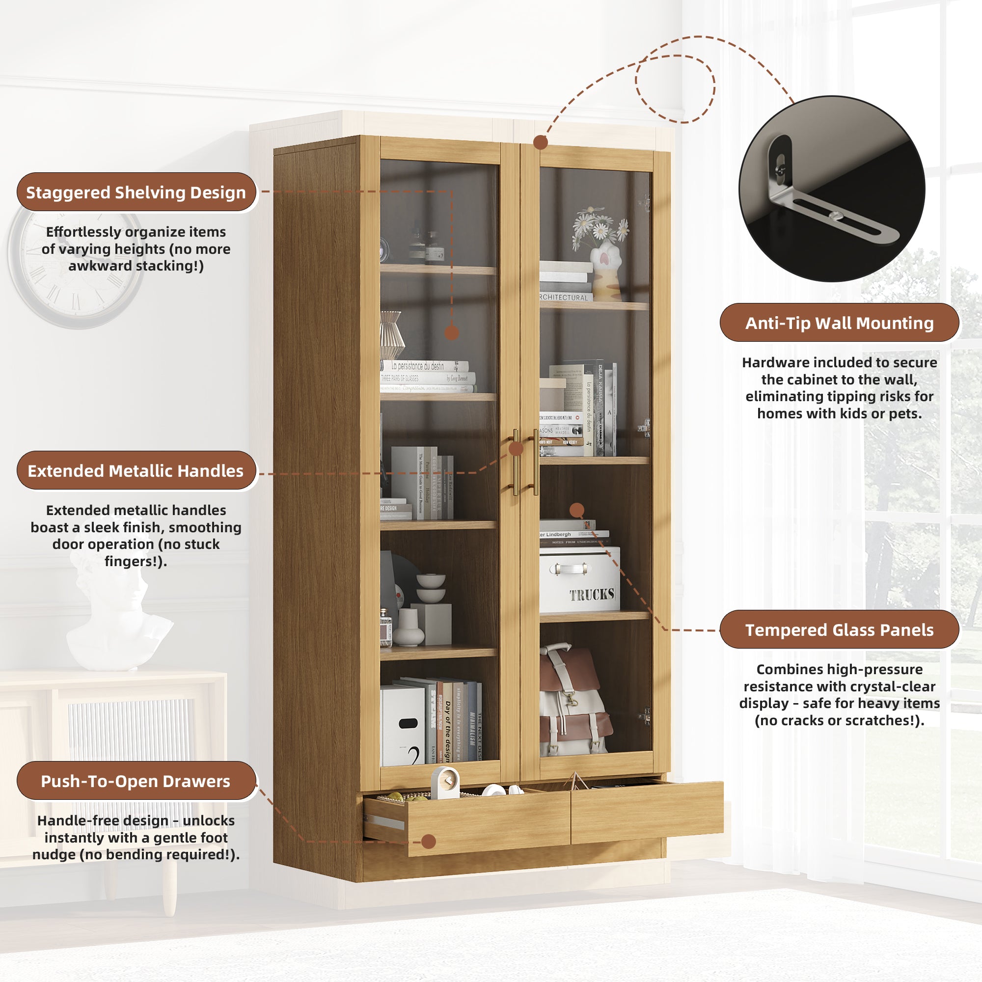 Logidon vitrinekast 80x40x160 cm naturel hout met push-to-open lades