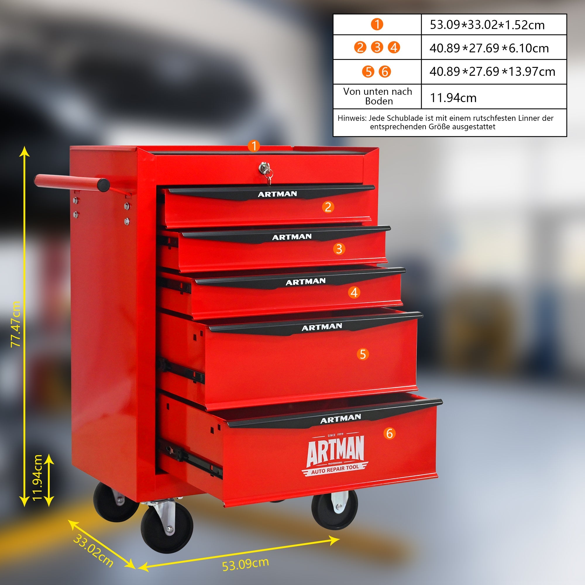 Logidon stalen gereedschapskist met 5 lades rood zwart 52x33x66 cm