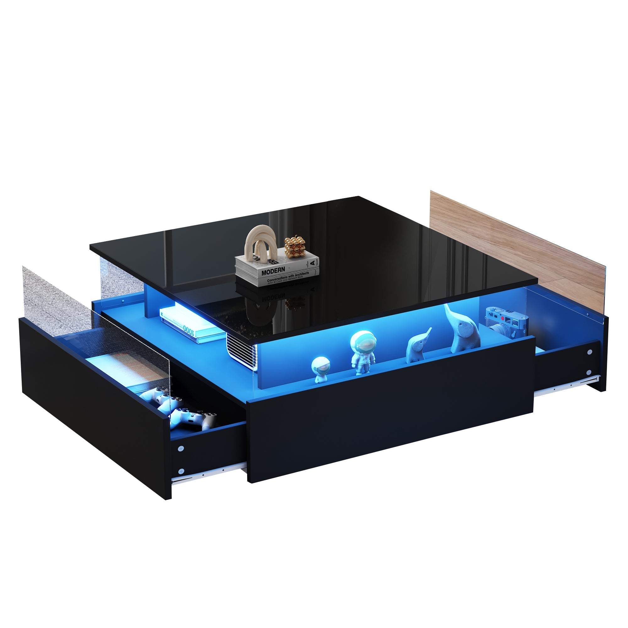 Logidon hoogglans LED salontafel 90x55x45 cm zwart 2 lades