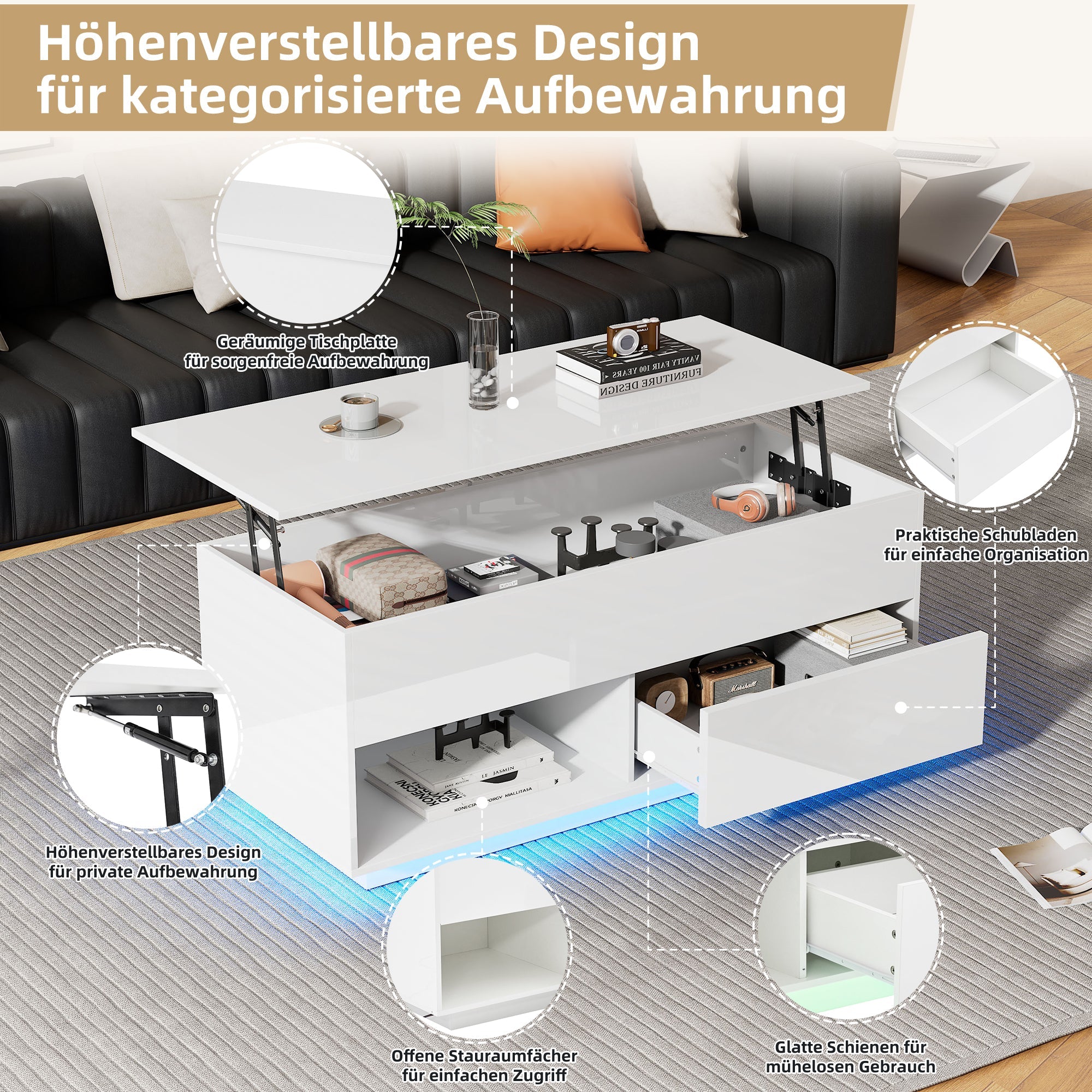 Logidon hoogglans hefsalontafel 100 x 50 cm witte LED-verlichting
