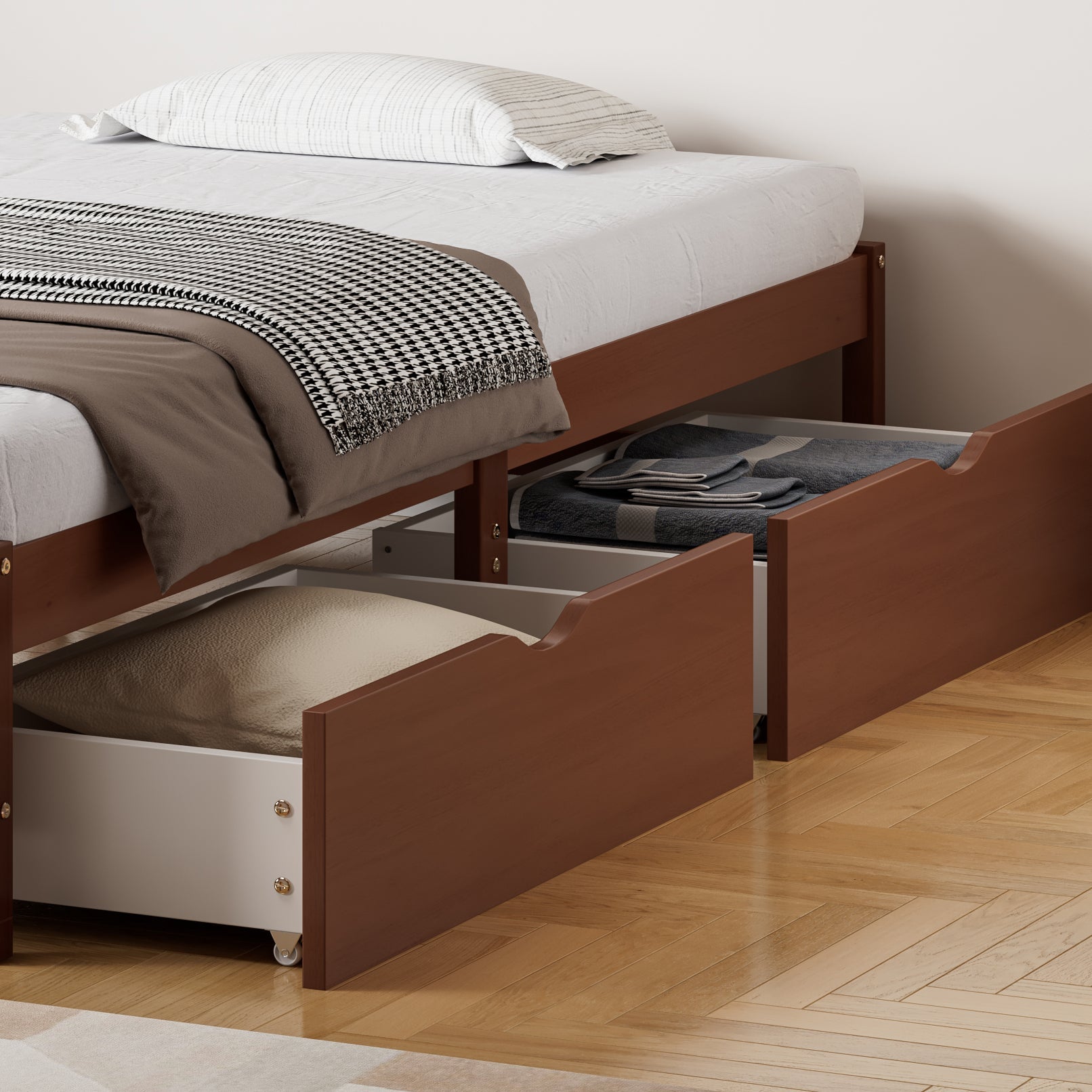 Logidon kinderbed 90x200 roodbruin houten bed met 2 lades en wielen