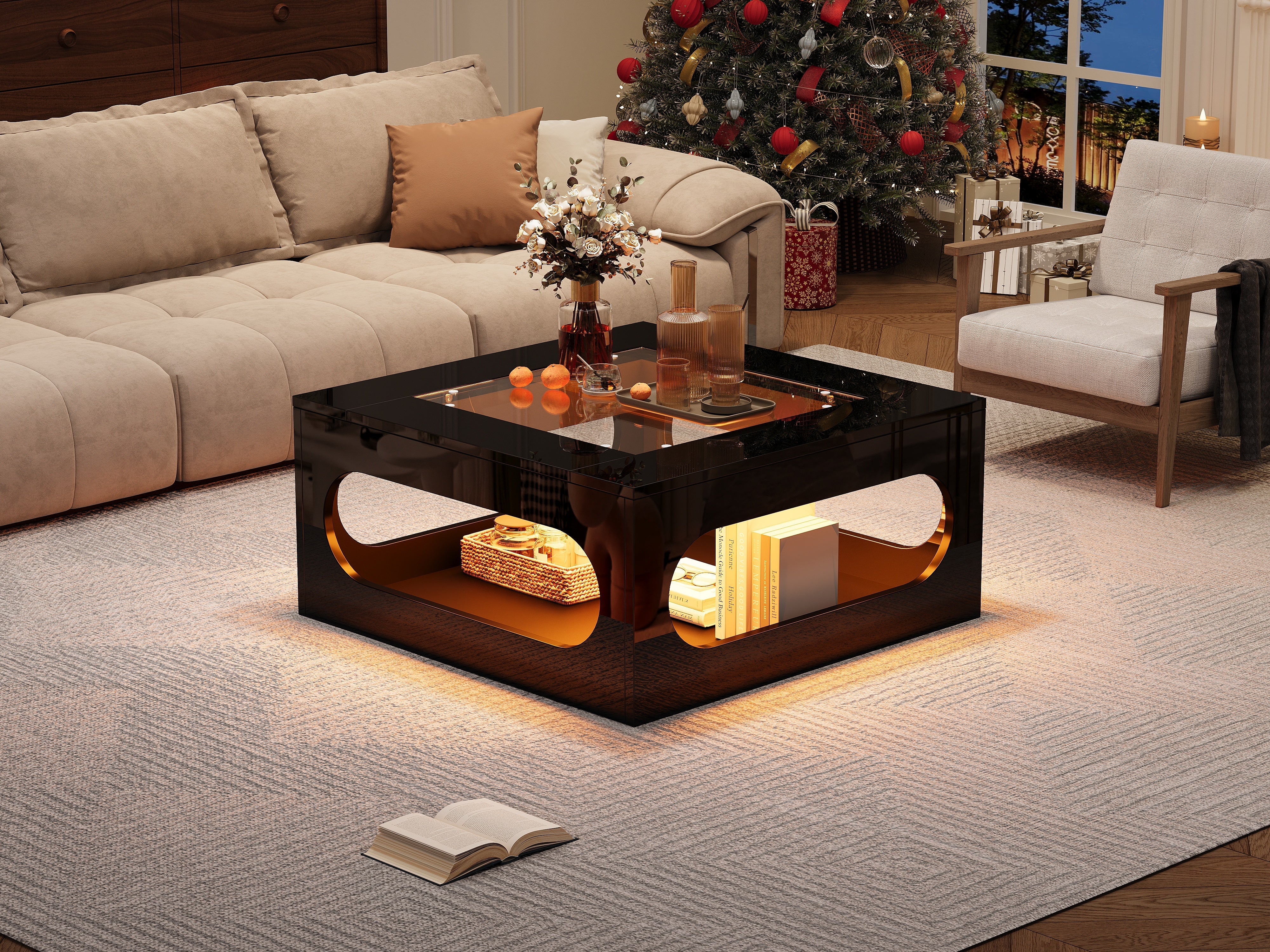 Logidon LED salontafel 70x70 cm vierkant zwart MDF glasblad